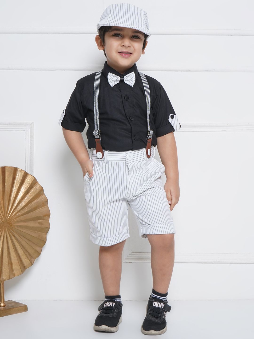 Boys Black Cotton Shirt & Shorts Set  with Suspenders, Bow Tie & Cap for Kids - AJ Dezines