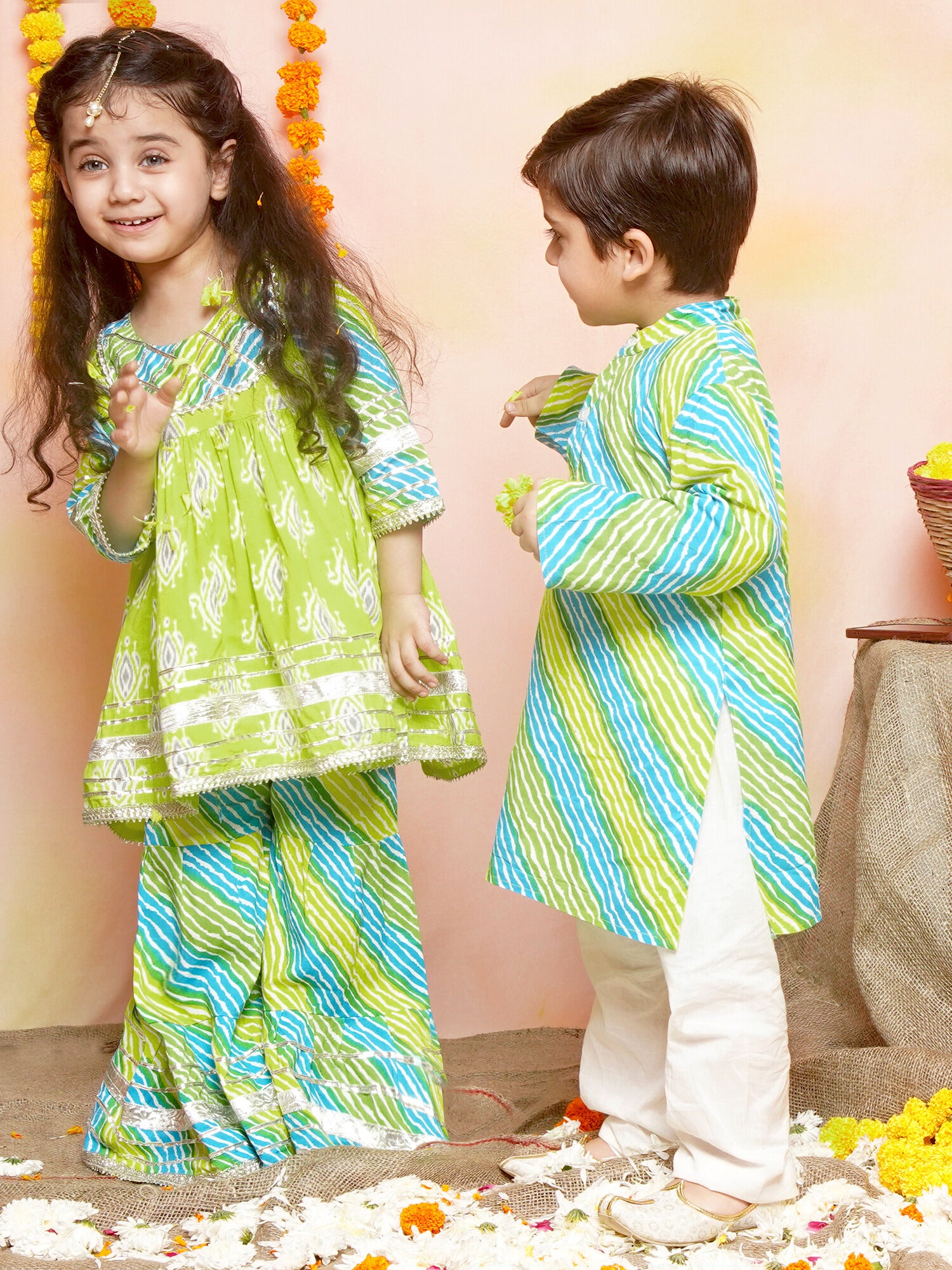 Boys Leheriya Pure Cotton Kurta Pyjamas and Girls Kurta & Sharara Sibling Sets -Blue - AJ Dezines