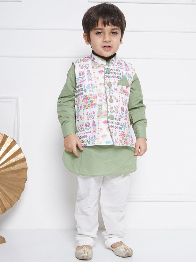 Kids Cotton Full Sleeve Printed Kurta Pajama & Waistcoat Set for Boys