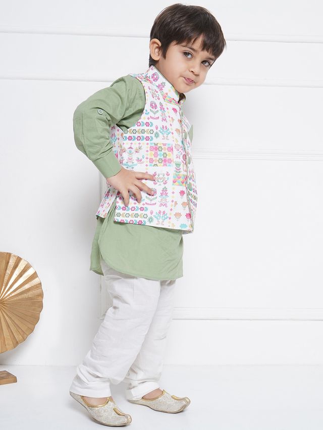 Kids Cotton Full Sleeve Printed Kurta Pajama & Waistcoat Set for Boys