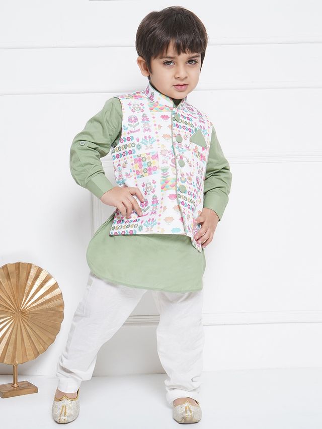 Kids Cotton Full Sleeve Printed Kurta Pajama & Waistcoat Set for Boys