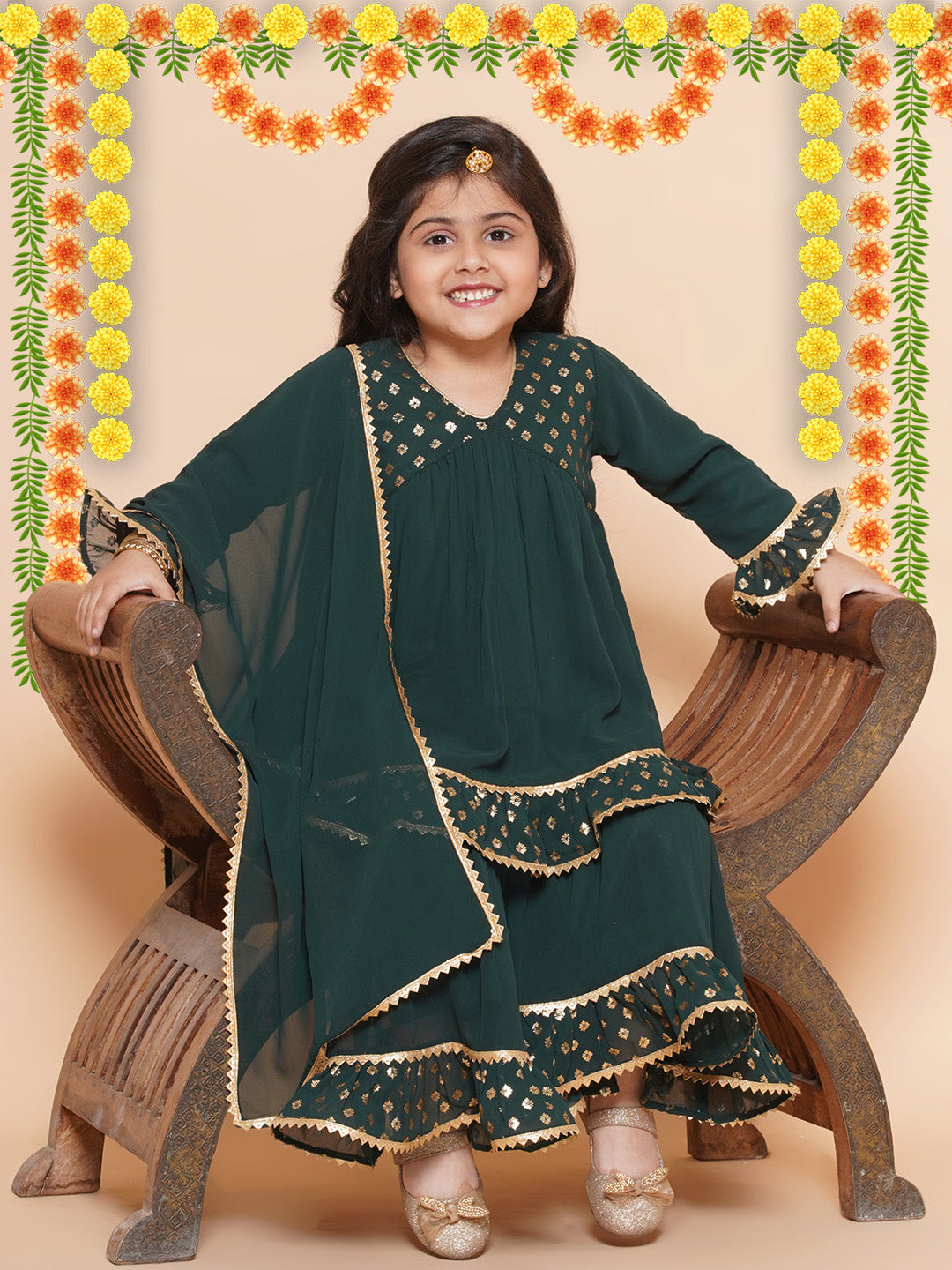 Kids Girls Green Block Print Georgette Sharara - AJ Dezines