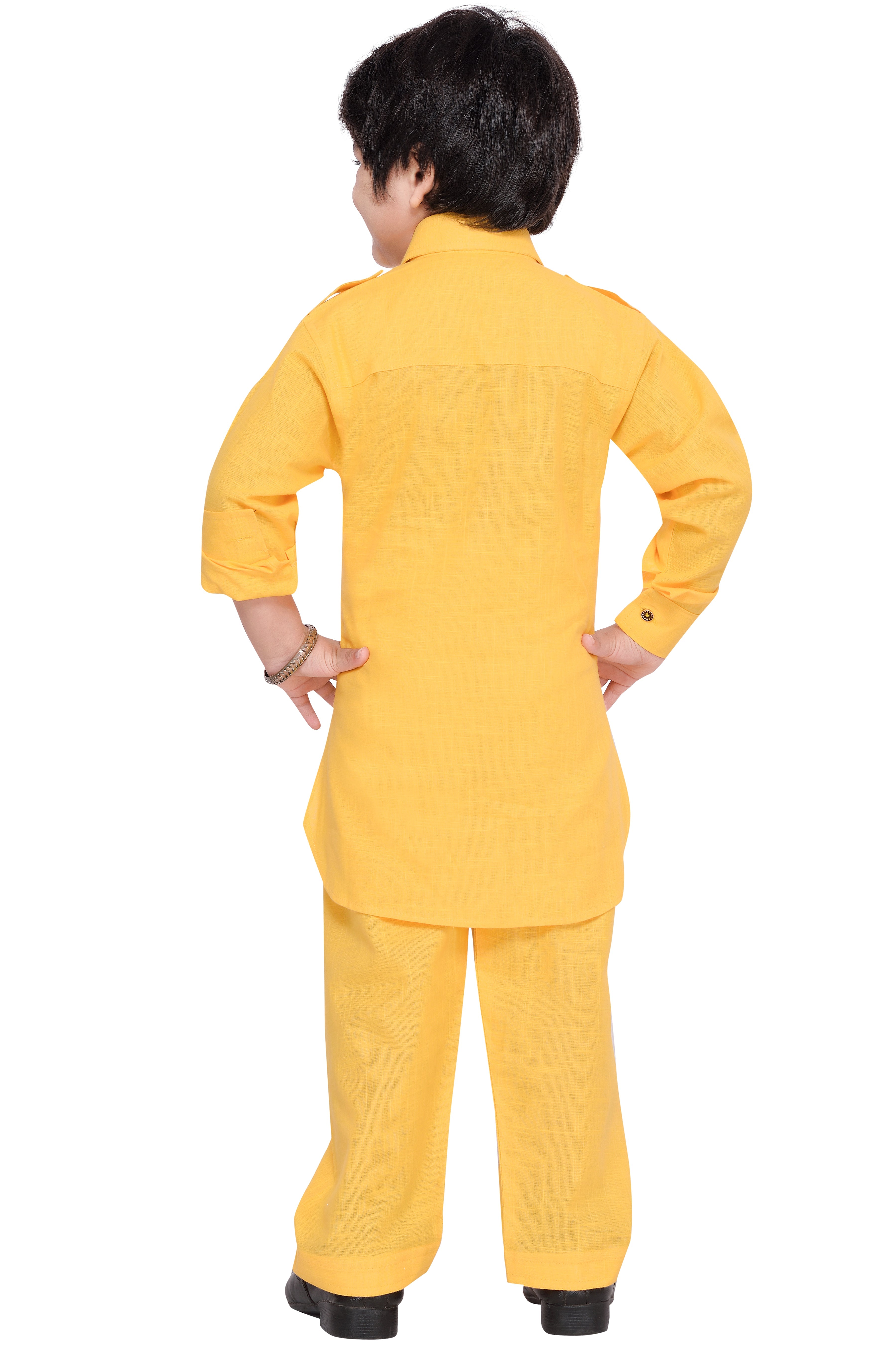 Boys Yellow Solid Cotton Blend Pathani Suit Set for Kids - AJ Dezines
