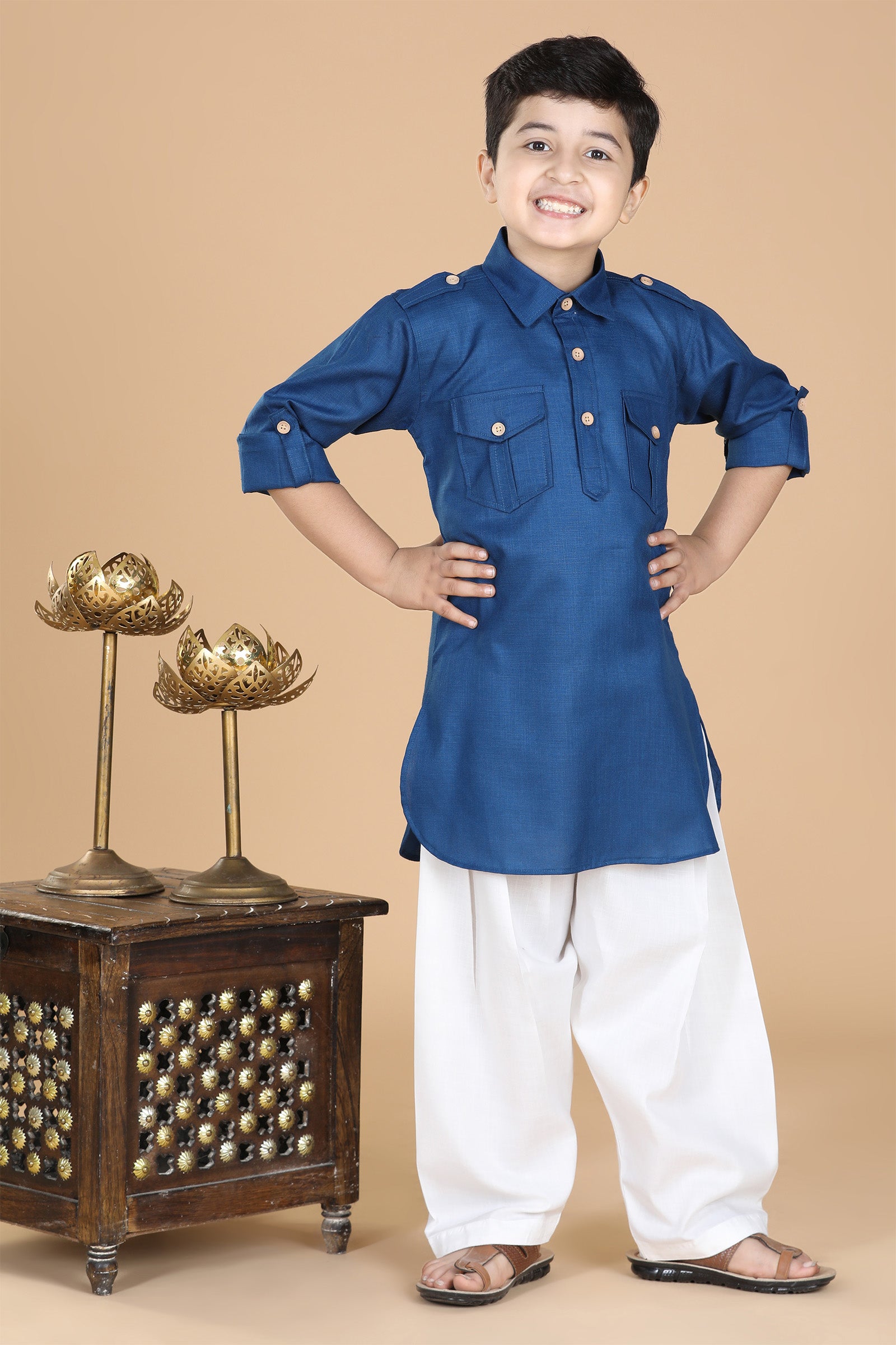 Boys Blue Solid Cotton Pathani Suit for Kids - AJ Dezines