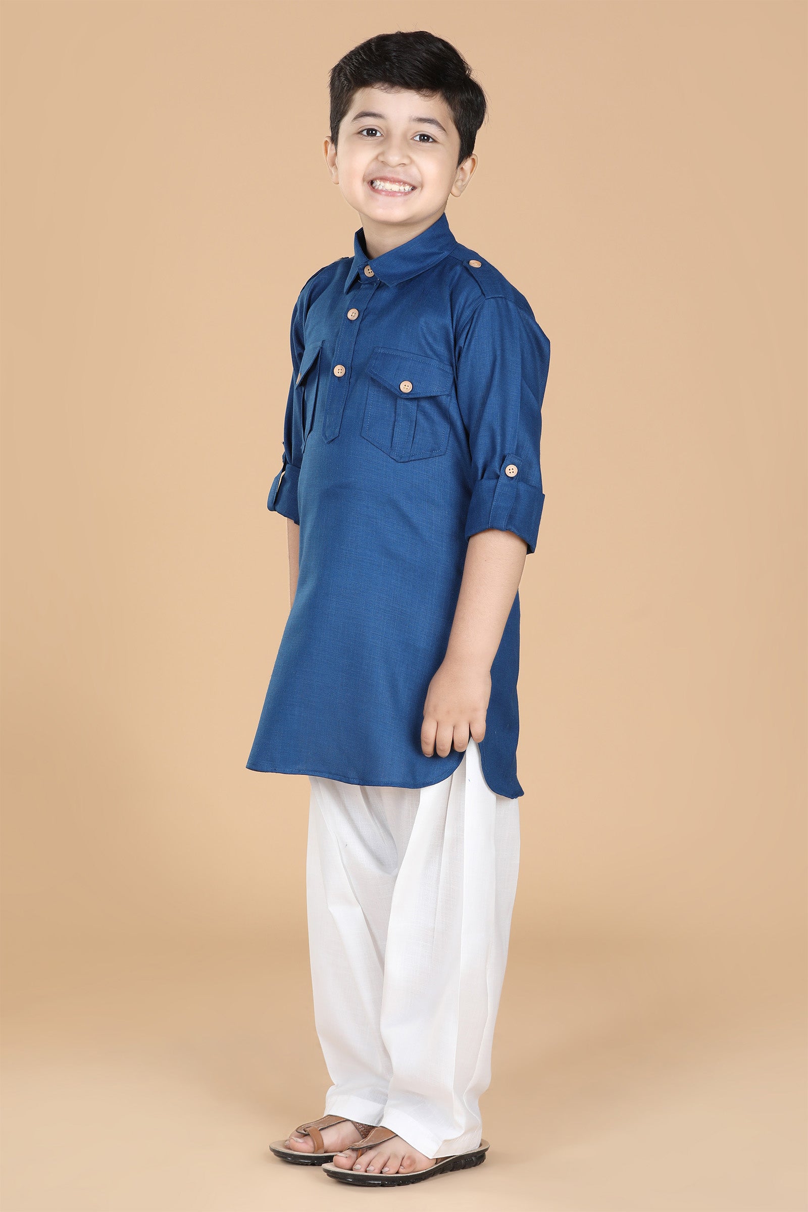 Boys Blue Solid Cotton Pathani Suit for Kids - AJ Dezines
