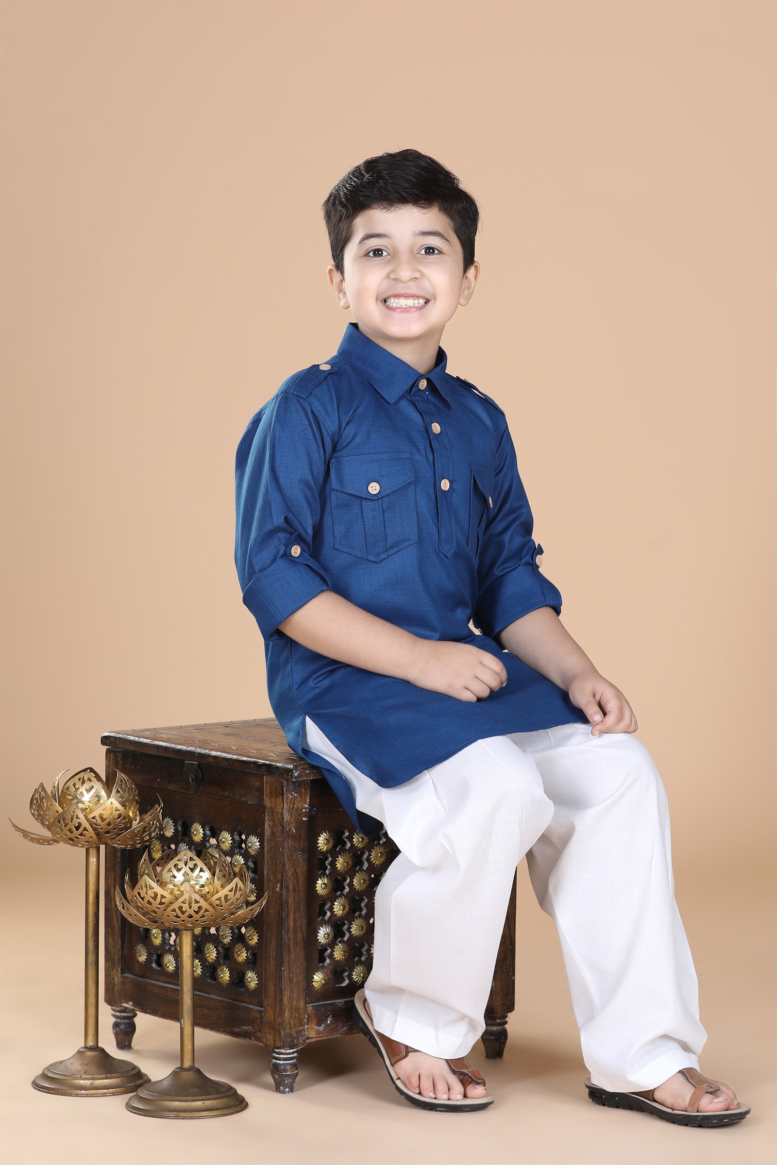 Boys Blue Solid Cotton Pathani Suit for Kids - AJ Dezines