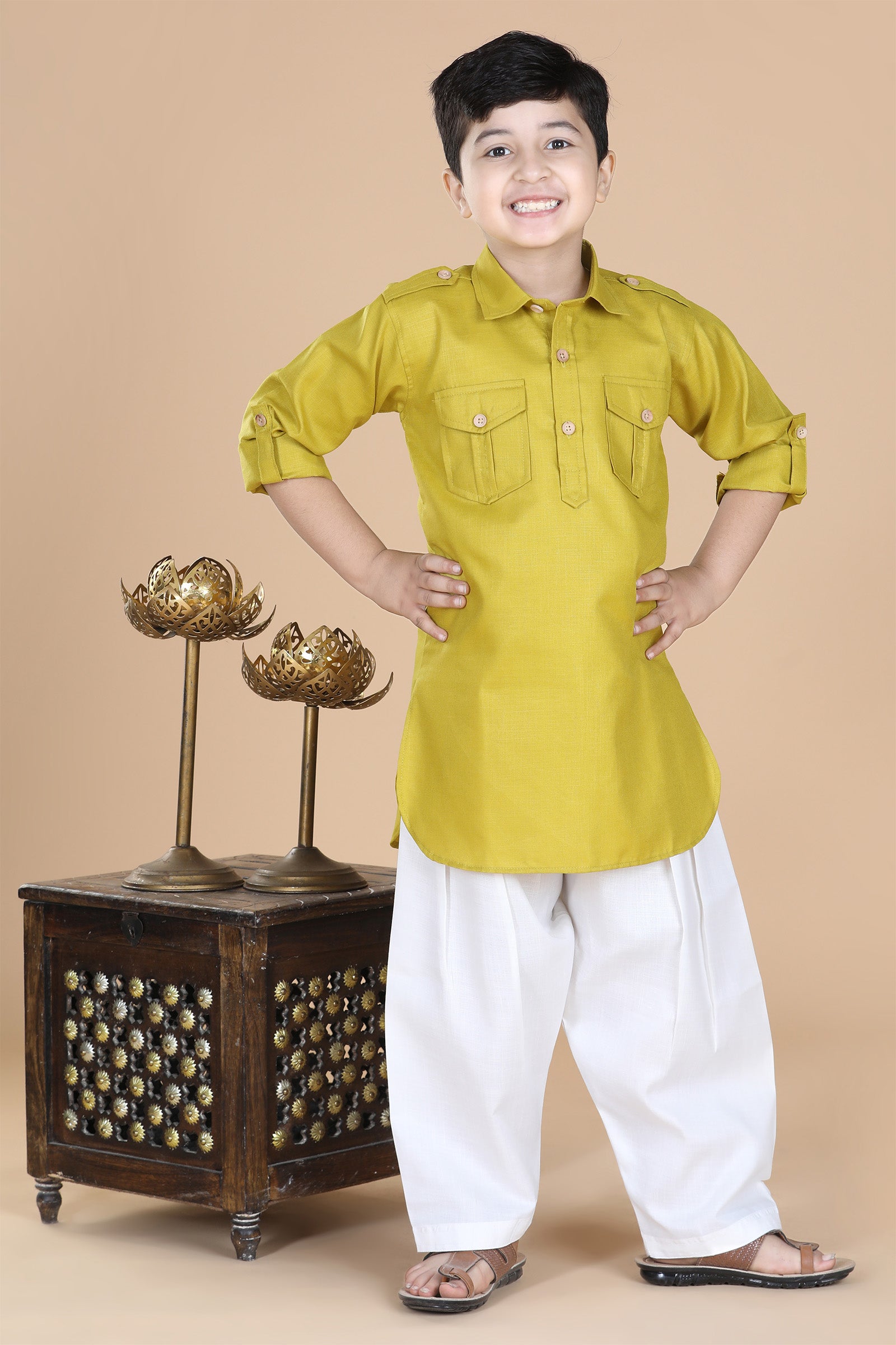 Boys Green Solid Cotton Pathani Suit for Kids - AJ Dezines