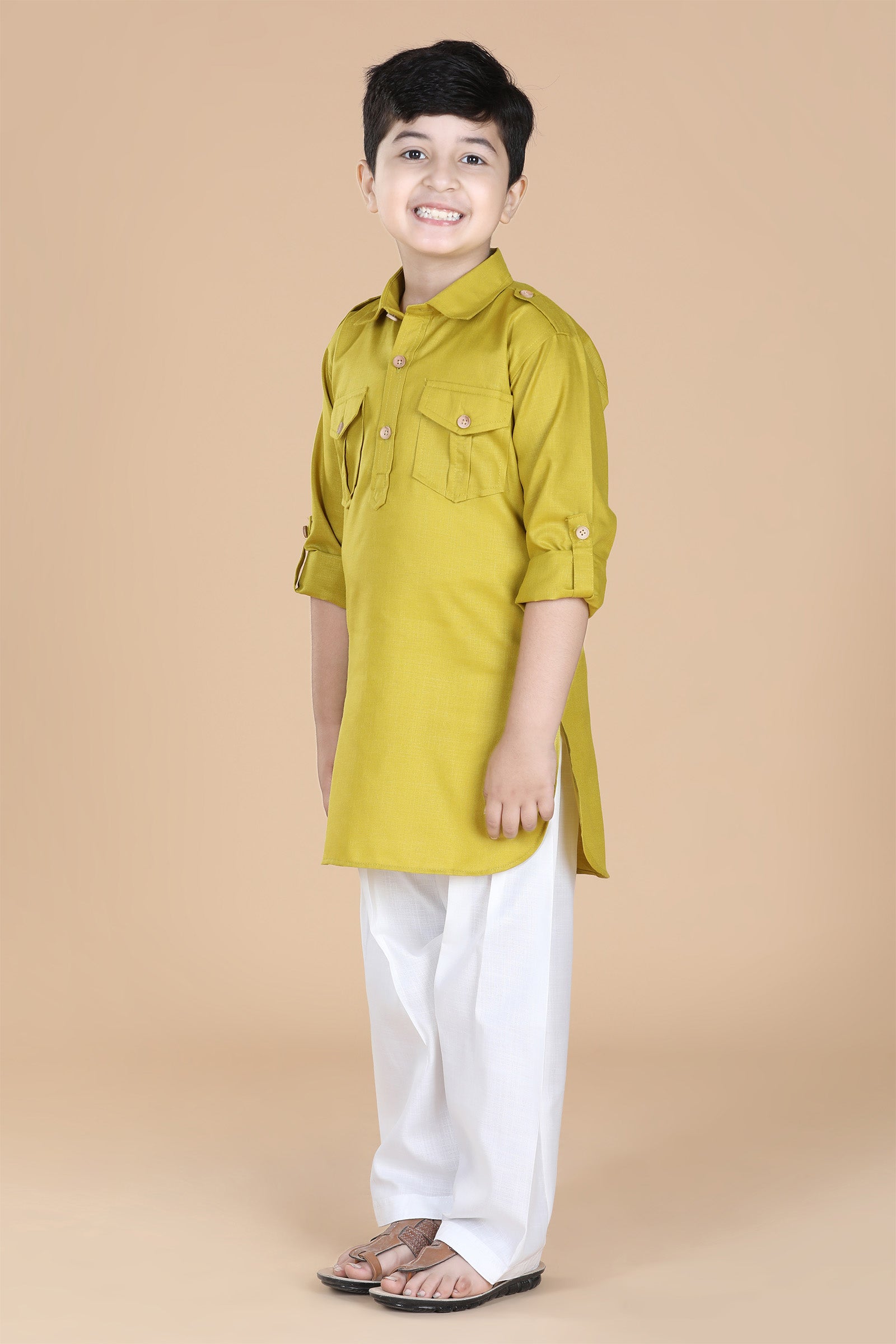 Boys Green Solid Cotton Pathani Suit for Kids - AJ Dezines