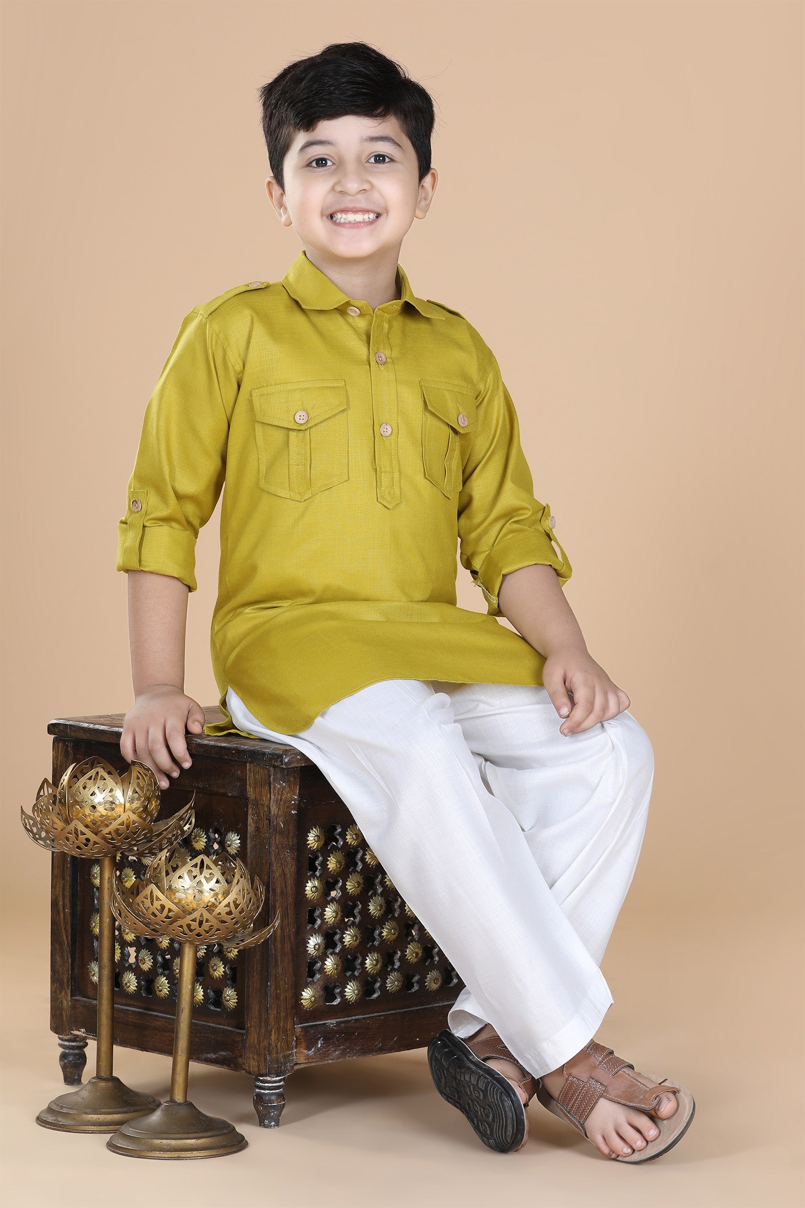 Boys Green Solid Cotton Pathani Suit for Kids - AJ Dezines