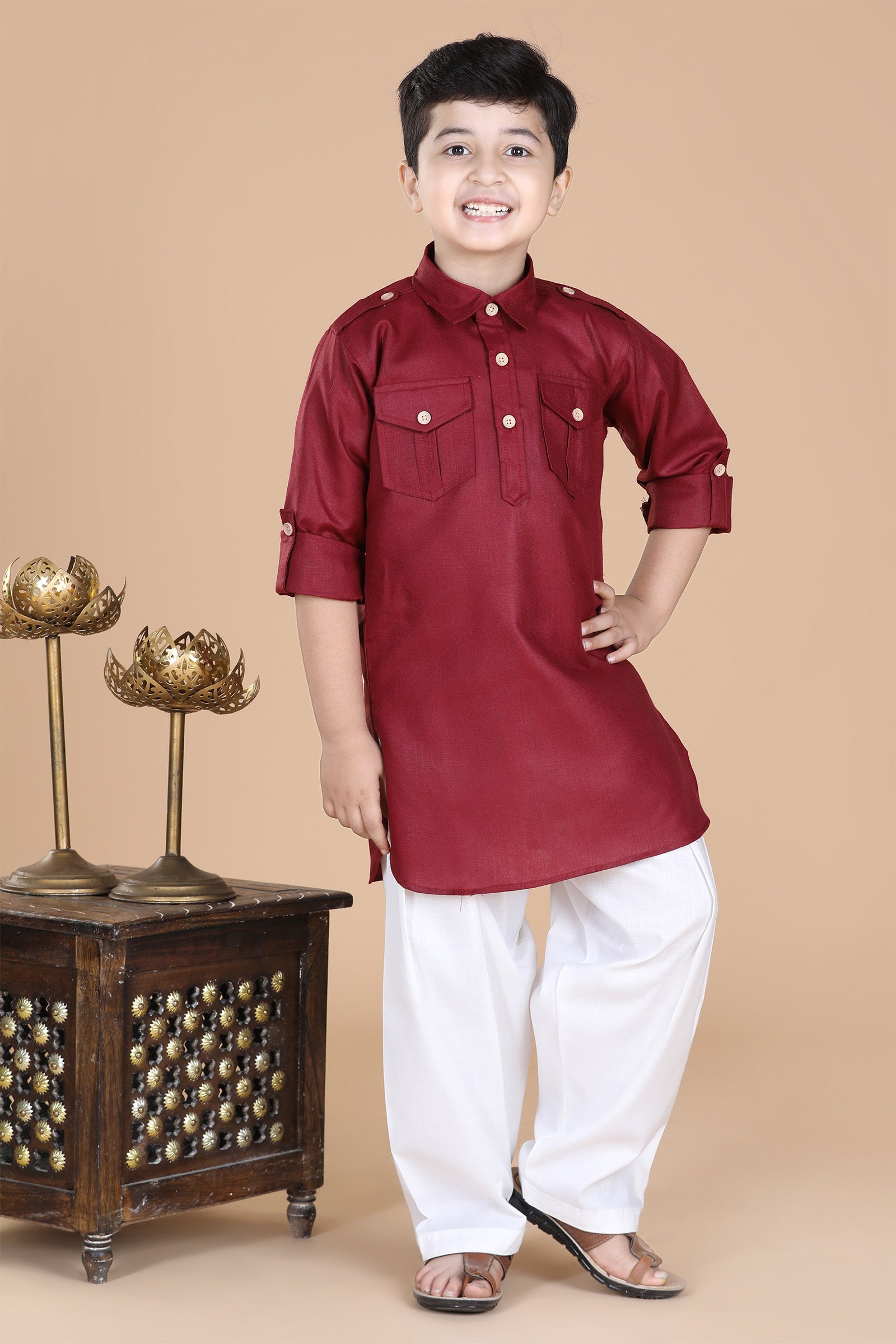 Boys Maroon Solid Cotton Pathani Suit for Kids - AJ Dezines