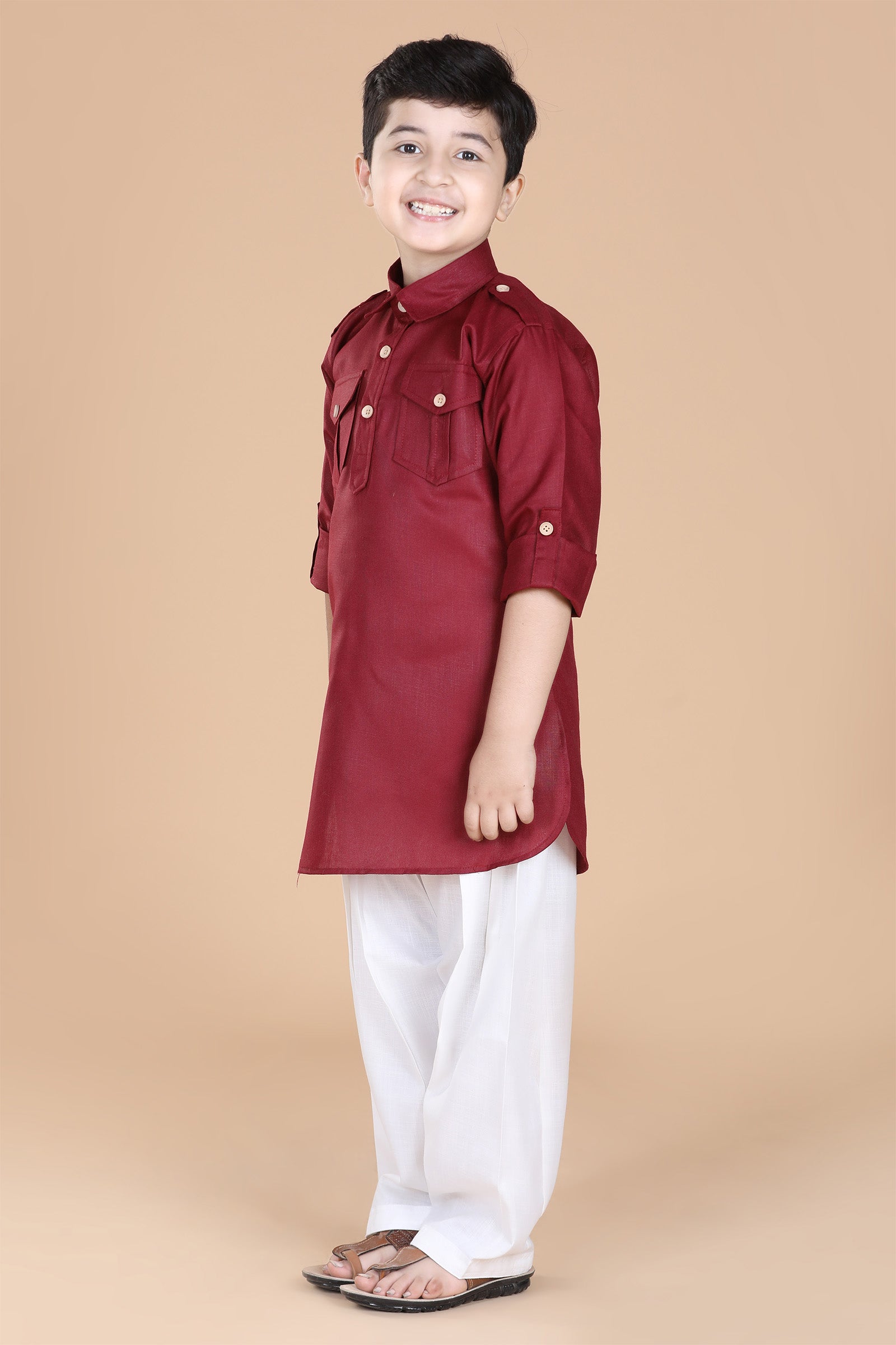 Boys Maroon Solid Cotton Pathani Suit for Kids - AJ Dezines