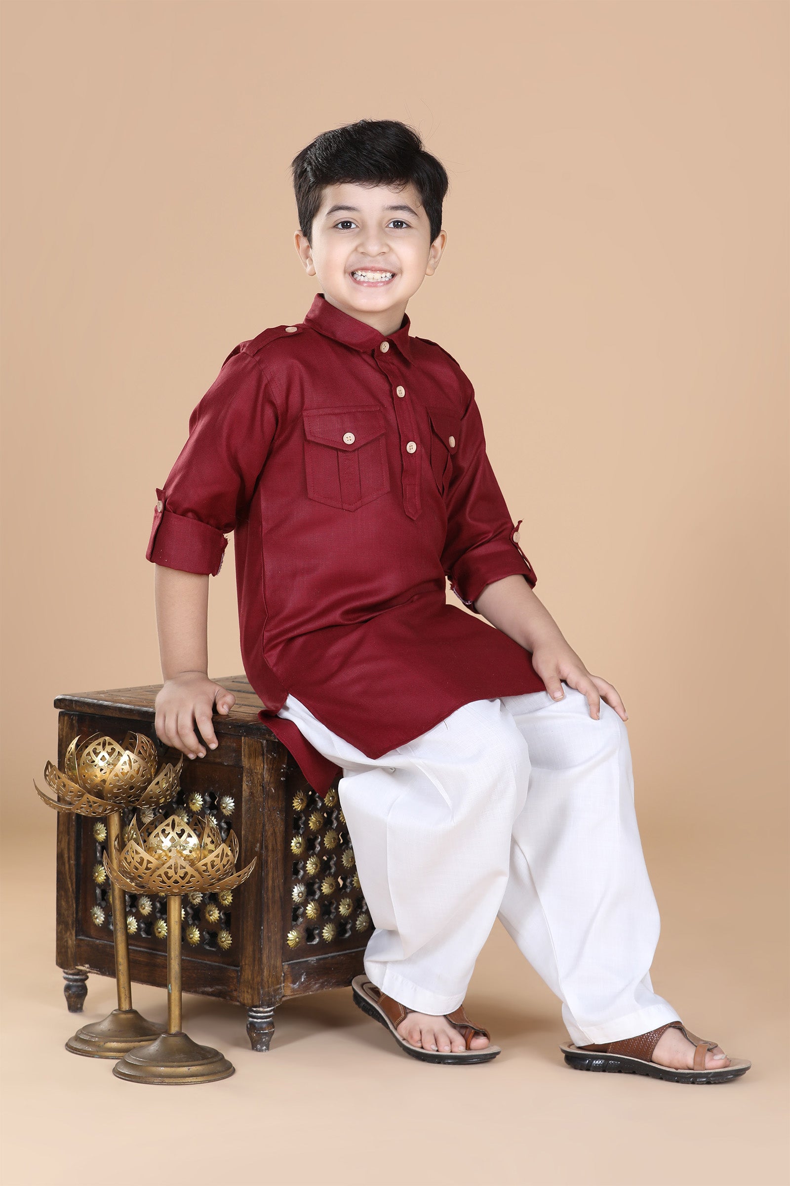 Boys Maroon Solid Cotton Pathani Suit for Kids - AJ Dezines