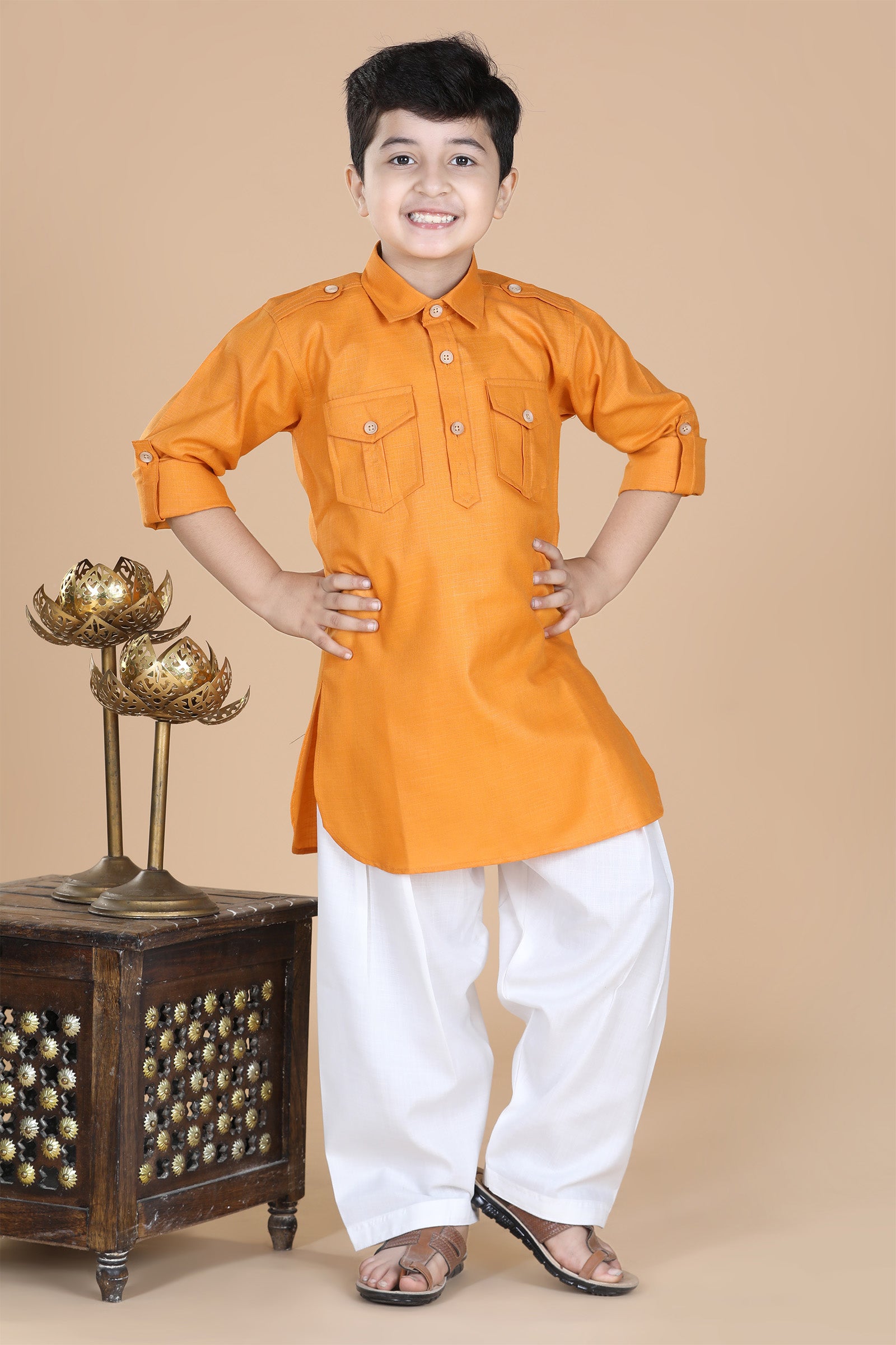 Boys Orange Solid Cotton Pathani Suit for Kids - AJ Dezines
