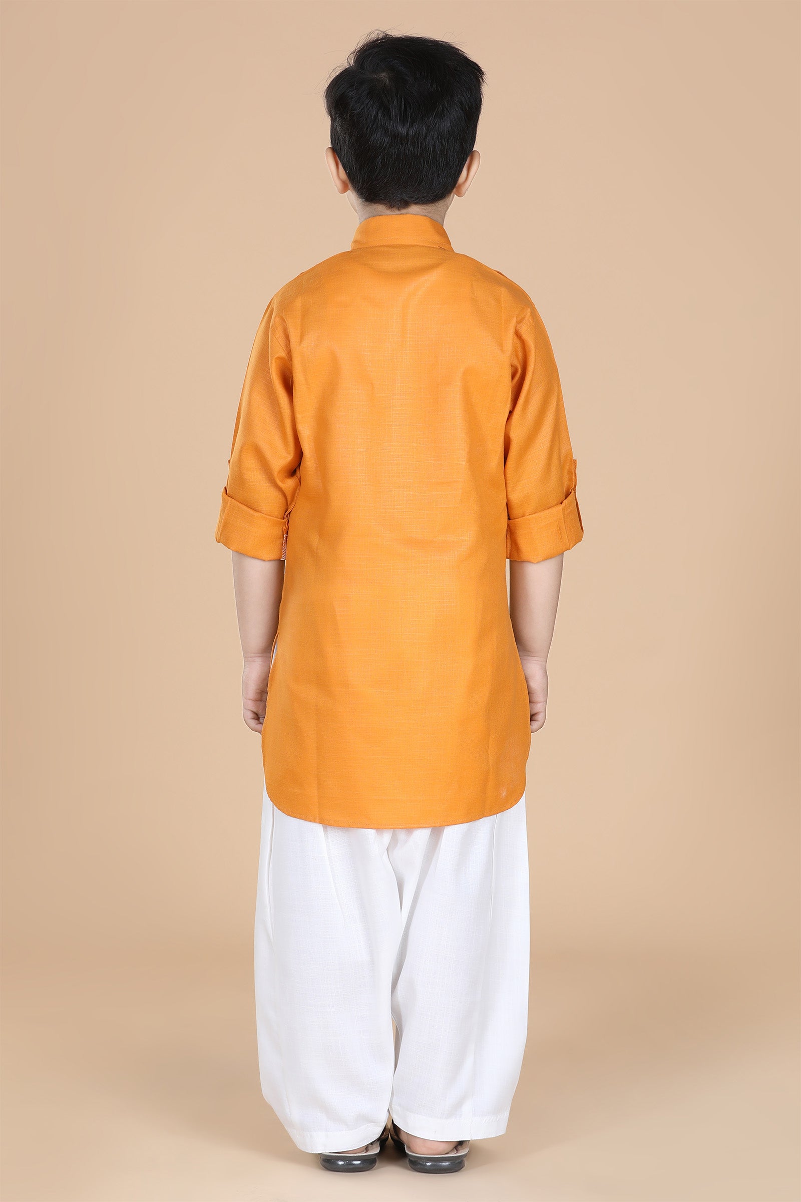 Boys Orange Solid Cotton Pathani Suit for Kids - AJ Dezines
