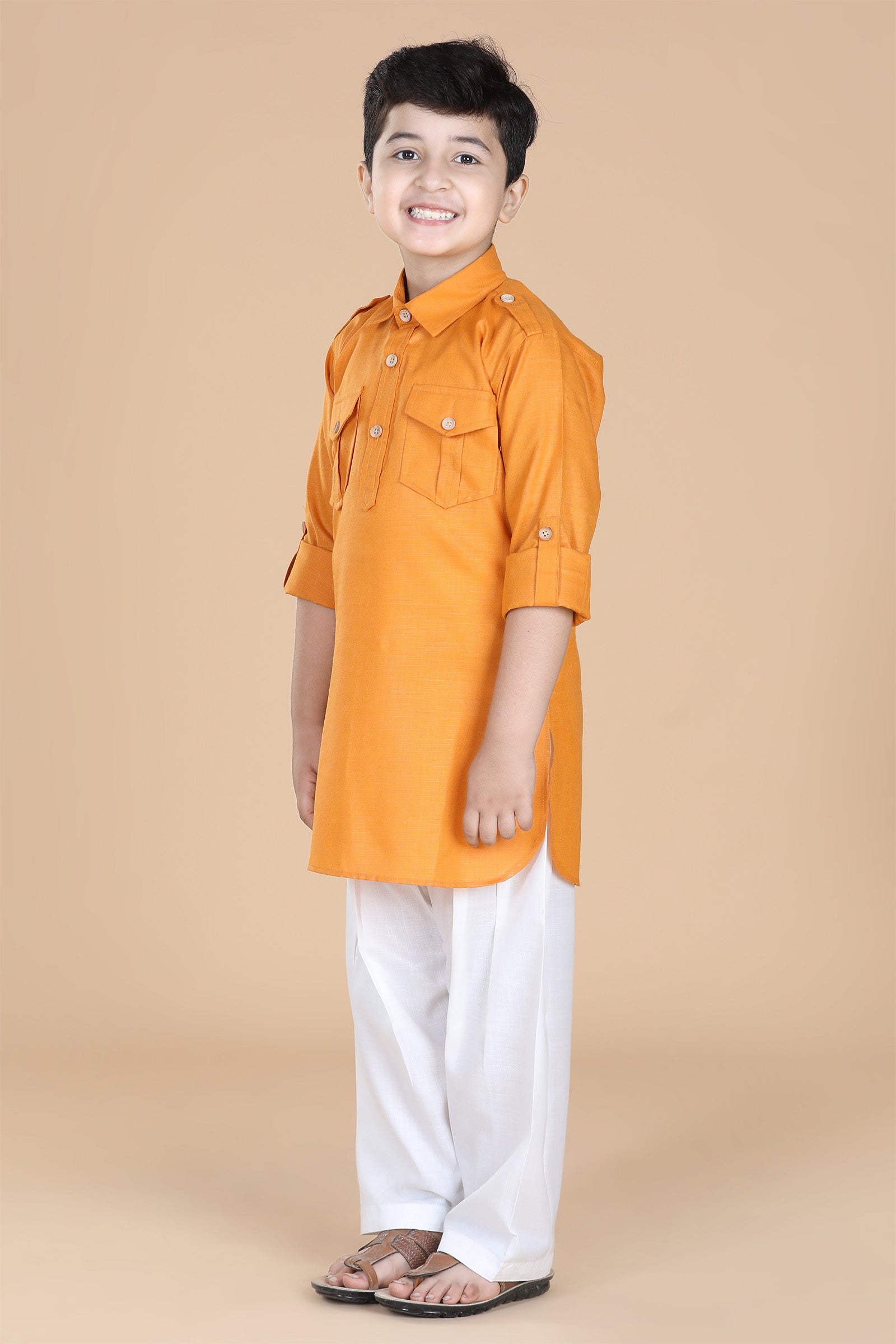 Boys Orange Solid Cotton Pathani Suit for Kids - AJ Dezines