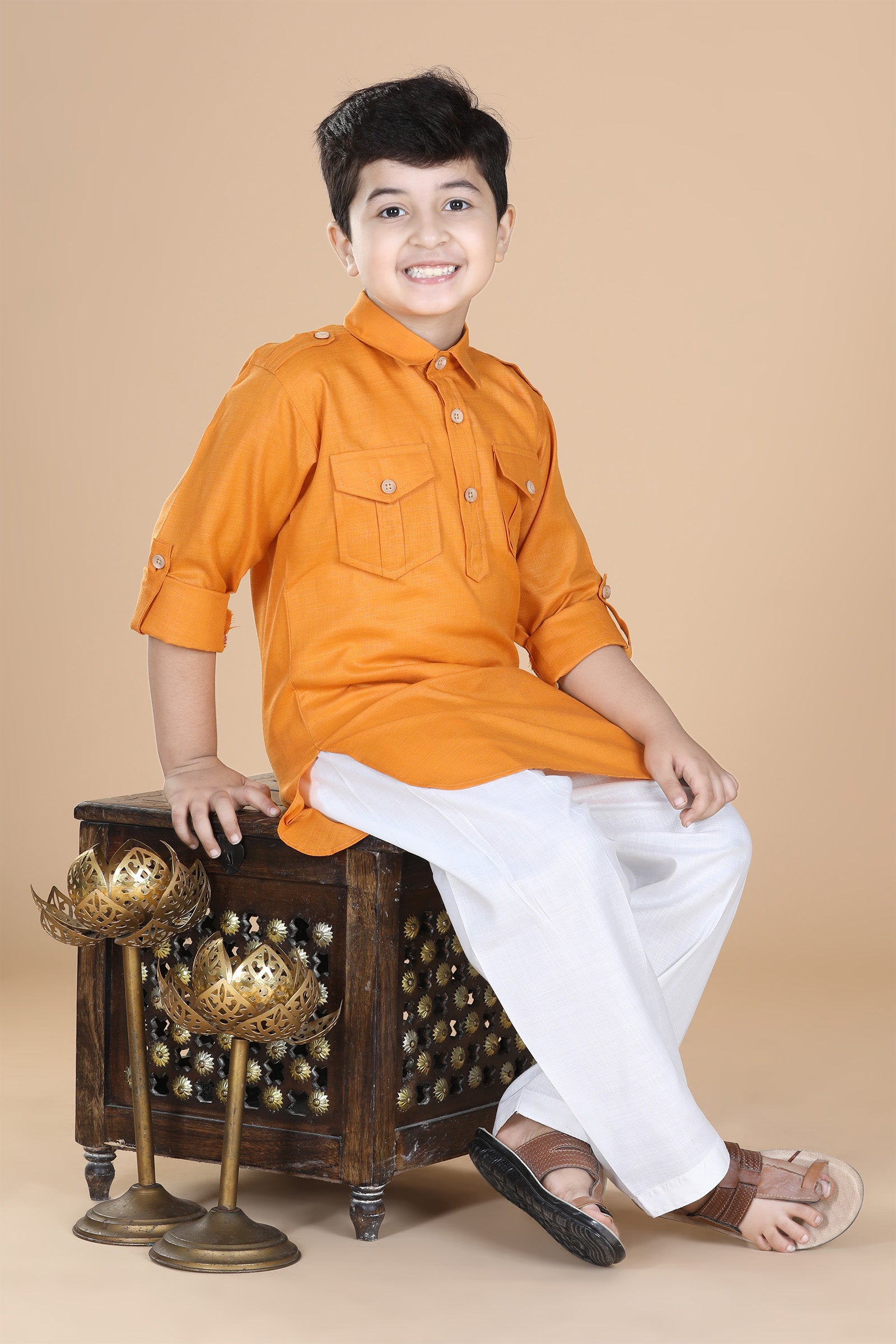 Boys Orange Solid Cotton Pathani Suit for Kids - AJ Dezines
