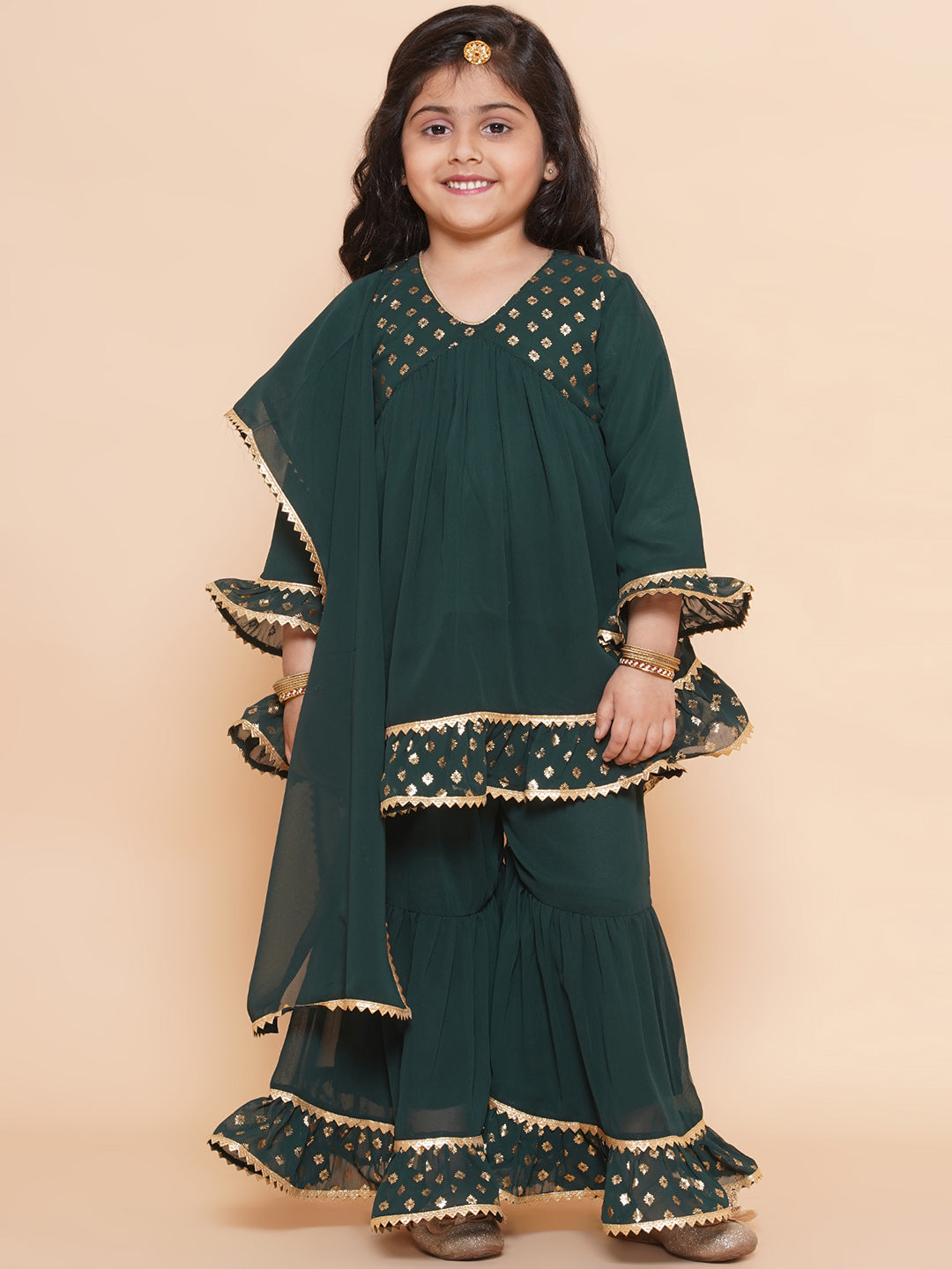 Kids Girls Green Block Print Georgette Sharara - AJ Dezines