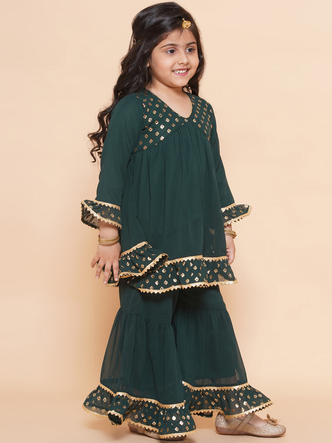 Kids Girls Green Block Print Georgette Sharara - AJ Dezines