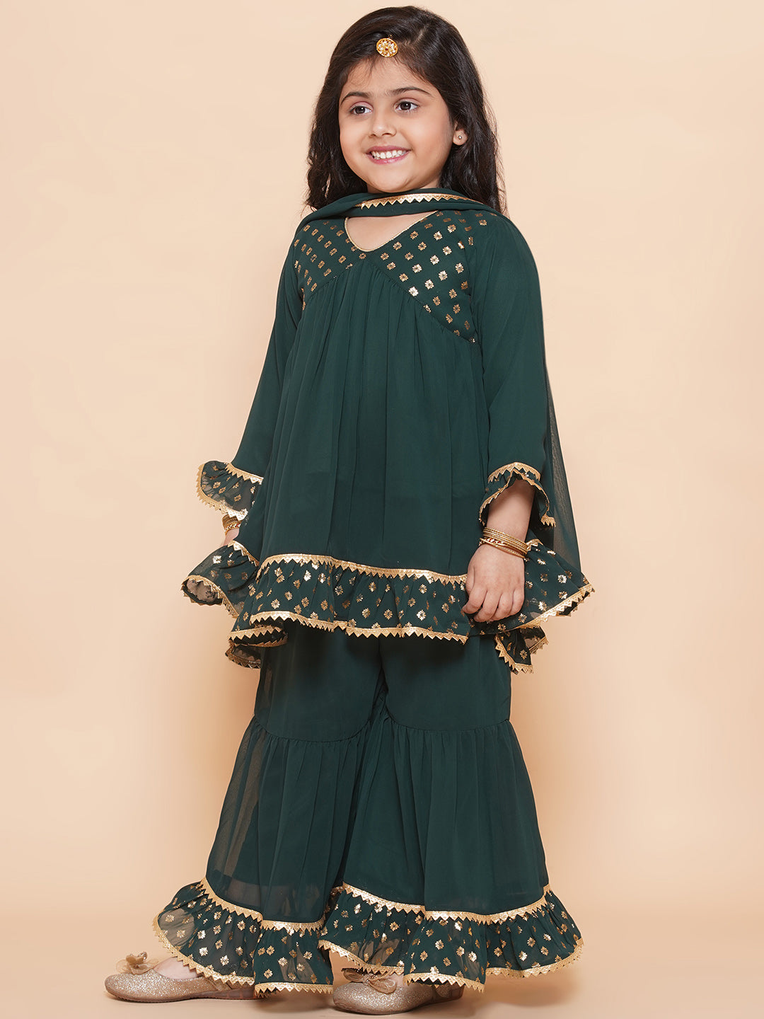 Kids Girls Green Block Print Georgette Sharara - AJ Dezines
