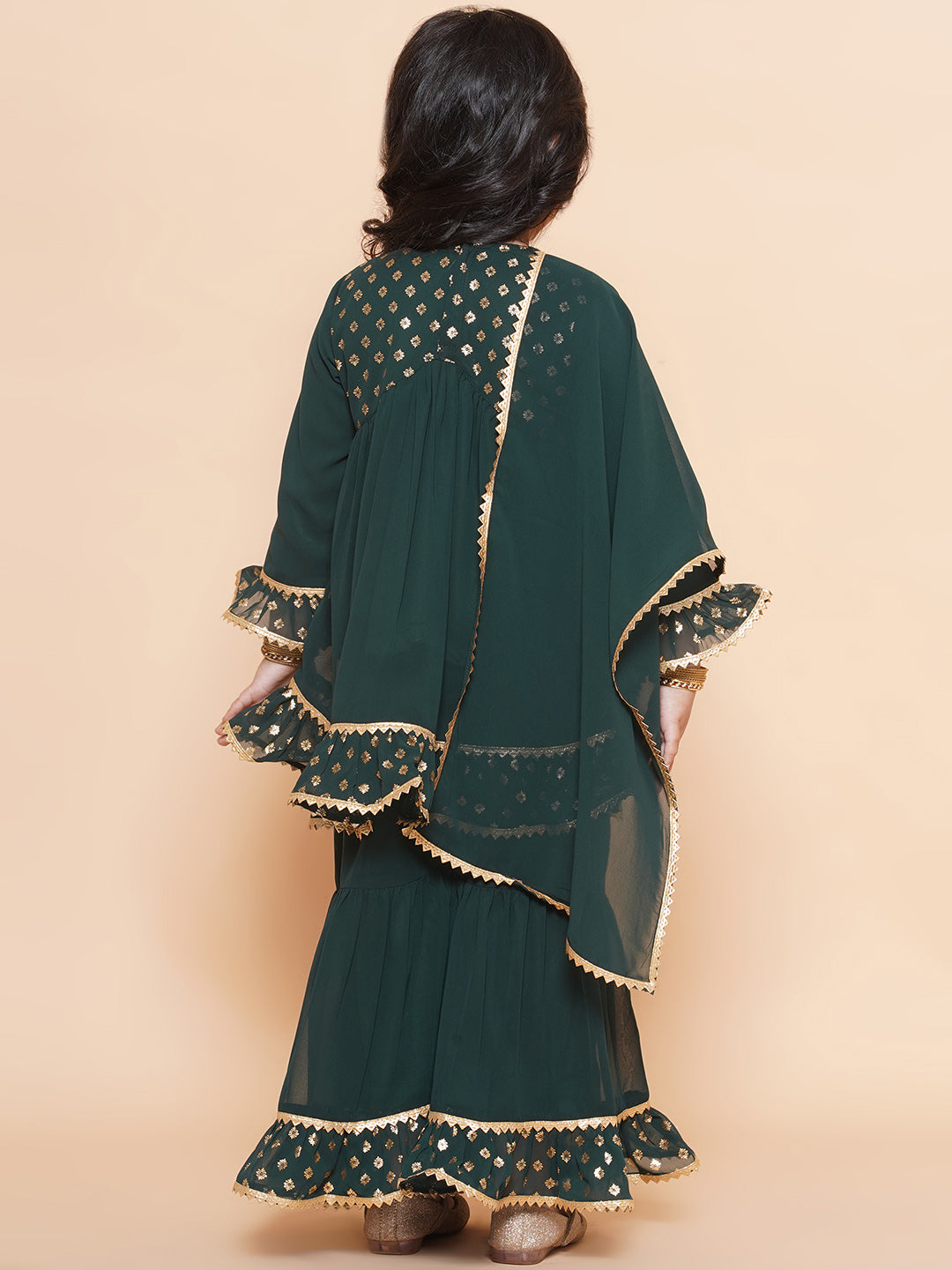 Kids Girls Green Block Print Georgette Sharara - AJ Dezines