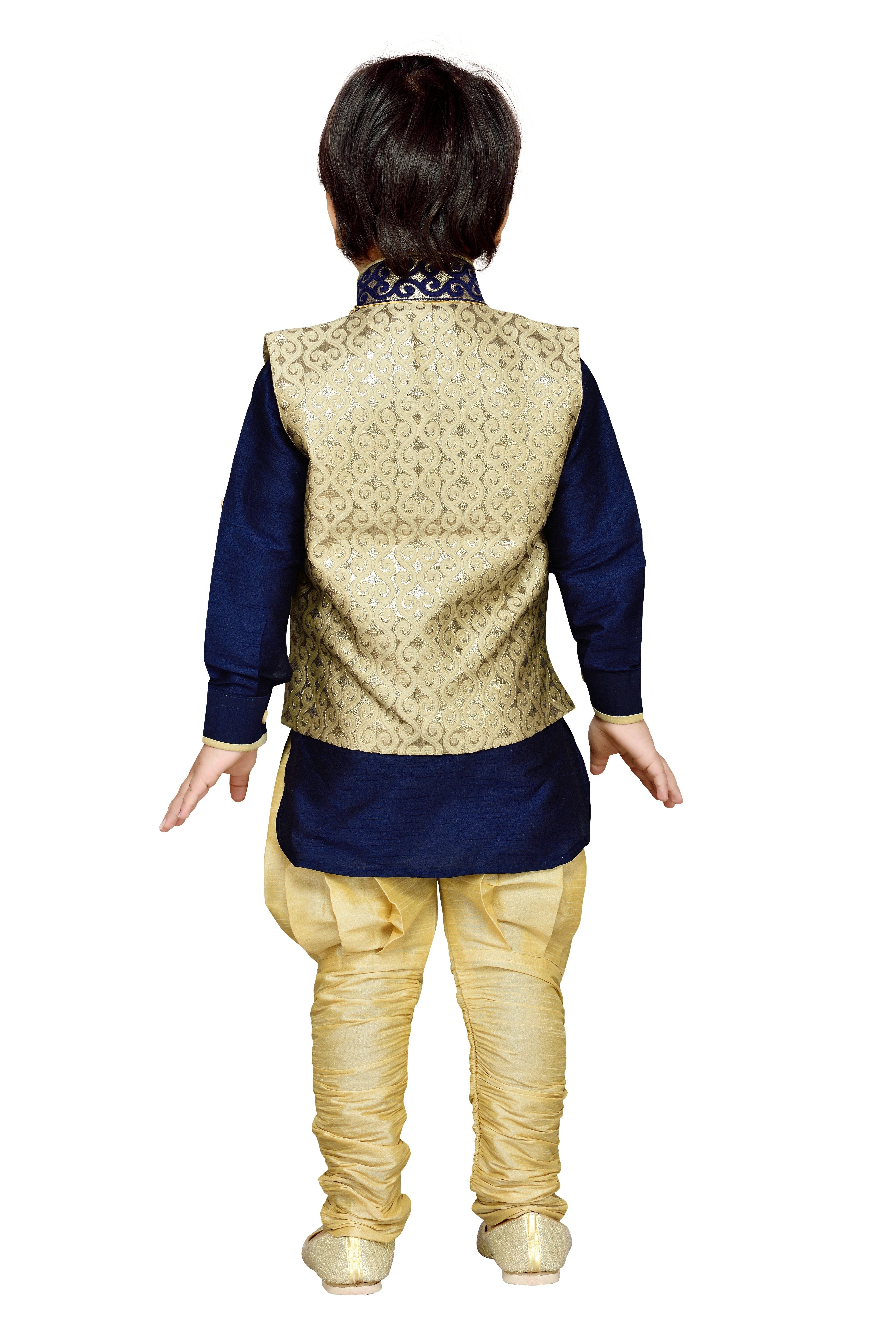 Cotton Silk Blue Kurta Pajama Waistcoat Set for Kids Boys - AJ Dezines
