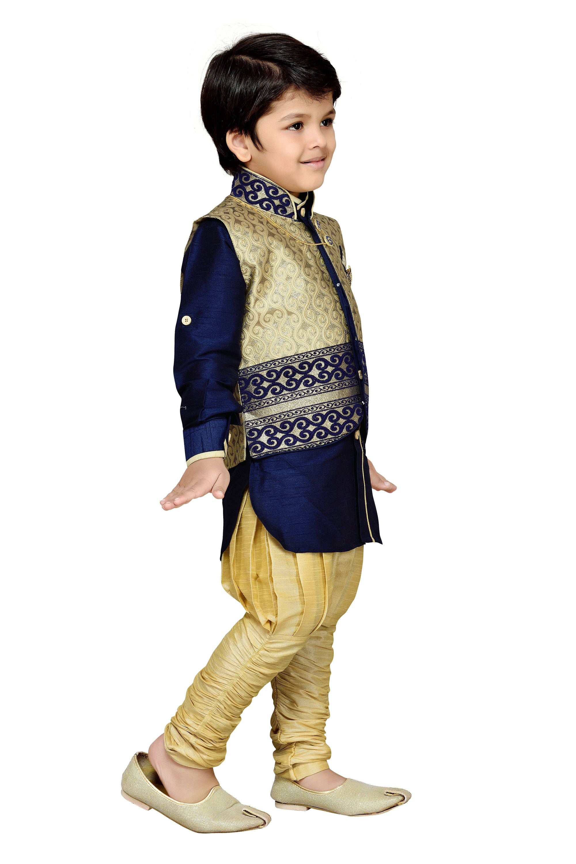 Cotton Silk Blue Kurta Pajama Waistcoat Set for Kids Boys - AJ Dezines
