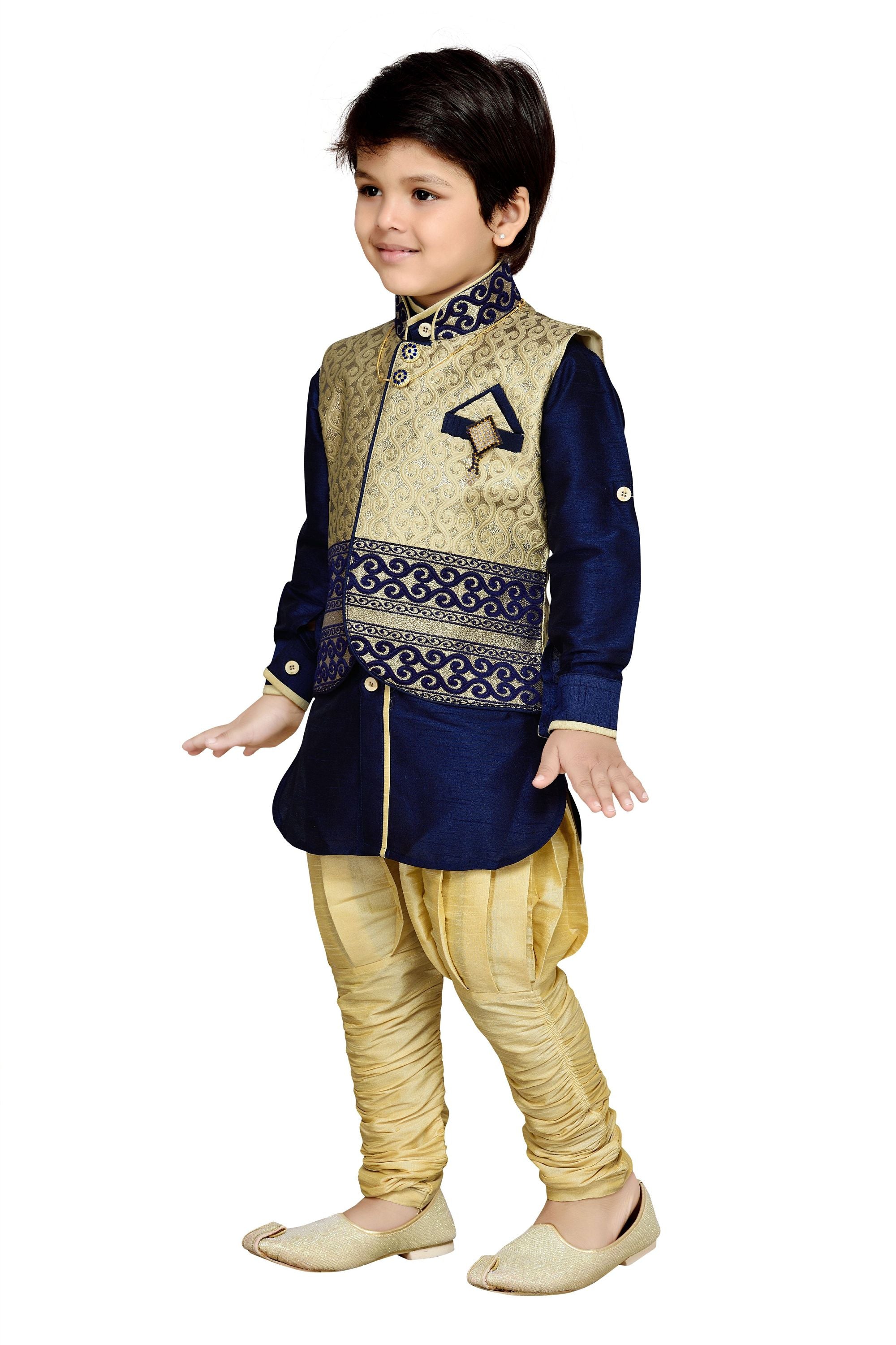 Cotton Silk Blue Kurta Pajama Waistcoat Set for Kids Boys - AJ Dezines