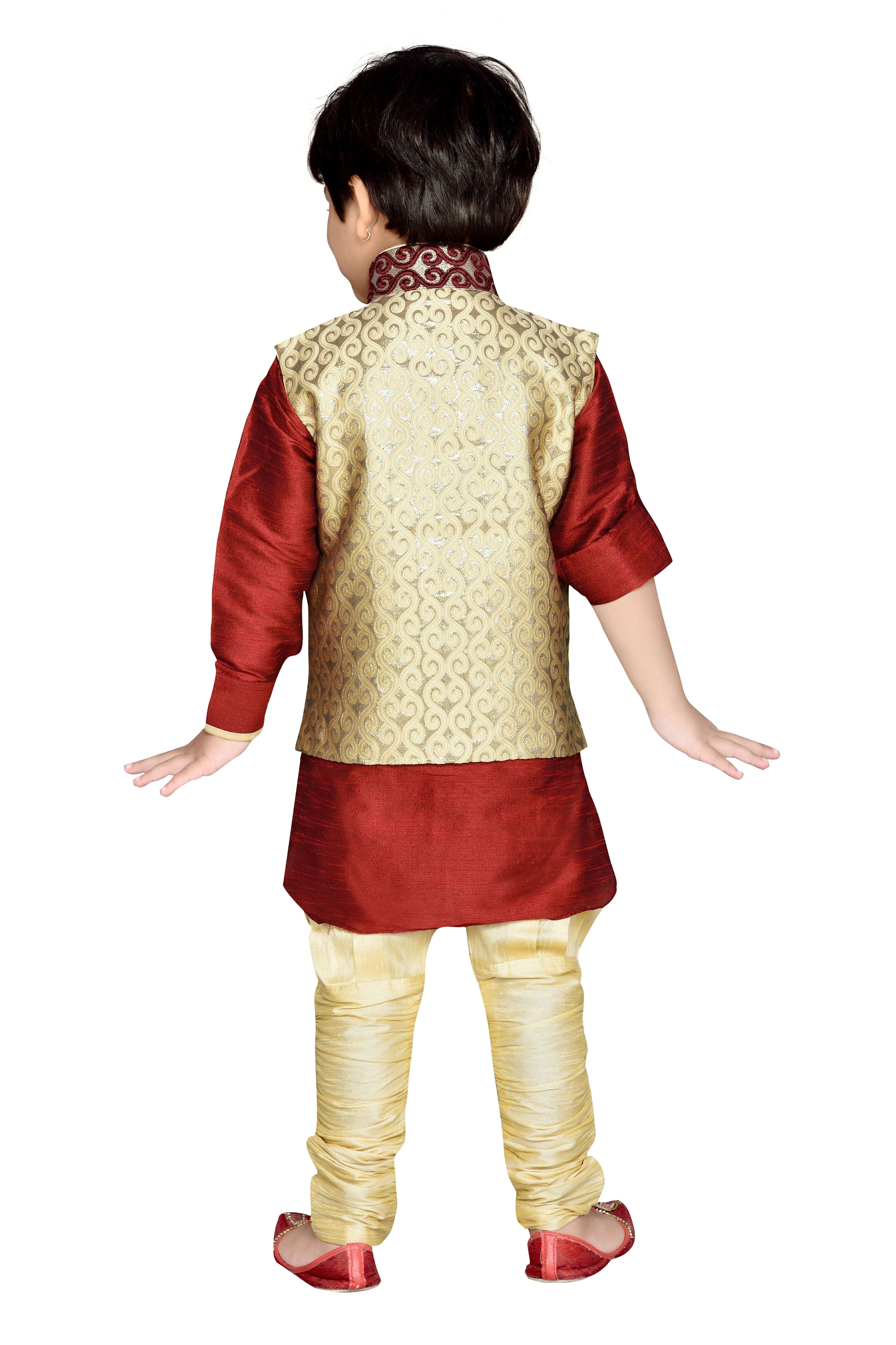 Cotton Silk Maroon Kurta, Pajama & Waistcoat Set for Kids Boys - AJ Dezines