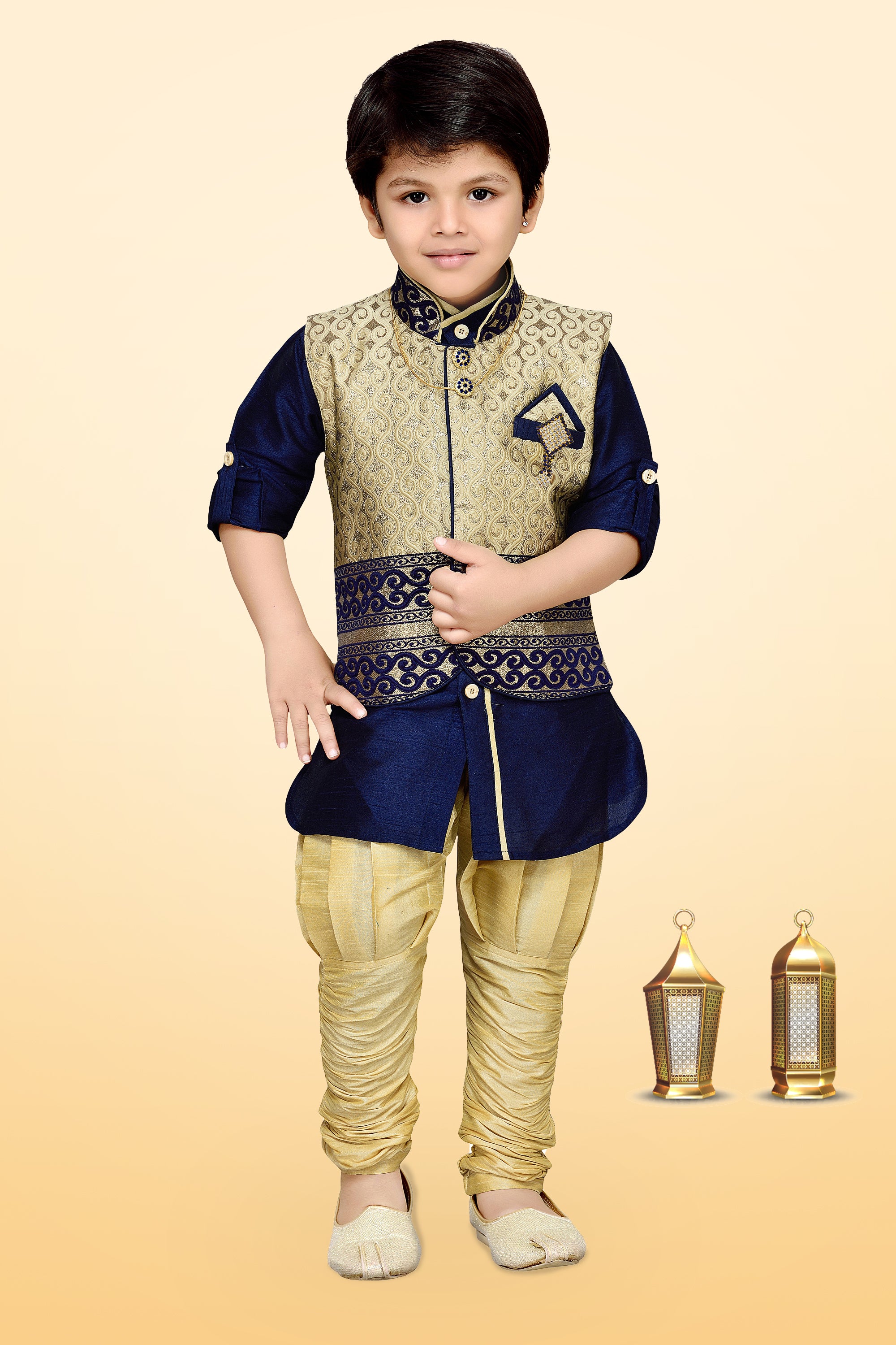 Cotton Silk Blue Kurta Pajama Waistcoat Set for Kids Boys - AJ Dezines