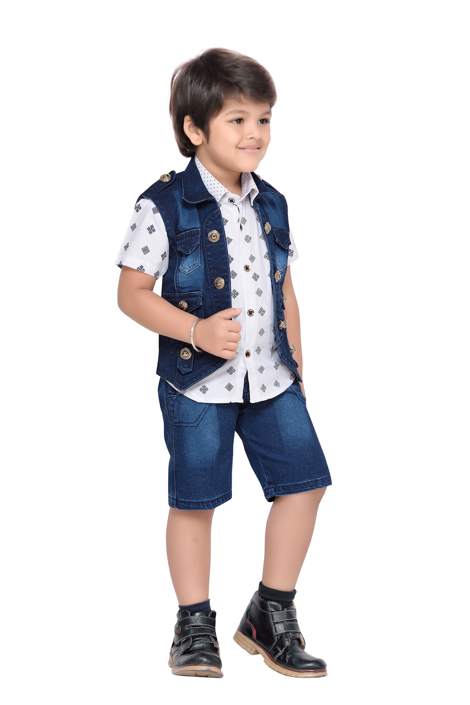 Boys Blue Printed Cotton Blend Shirt Pant & Waistcoat Set for Kids - AJ Dezines