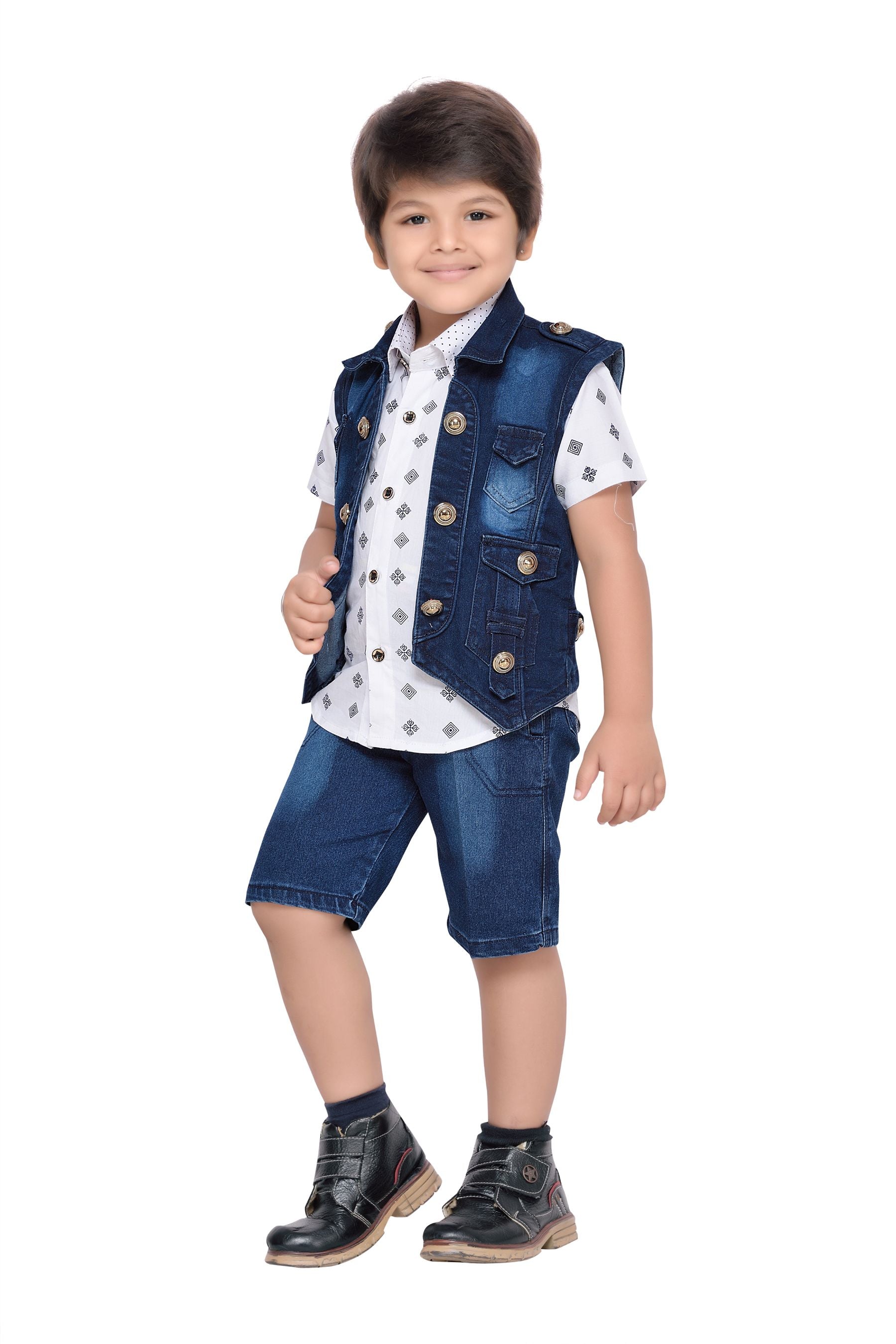 Boys Blue Printed Cotton Blend Shirt Pant & Waistcoat Set for Kids - AJ Dezines
