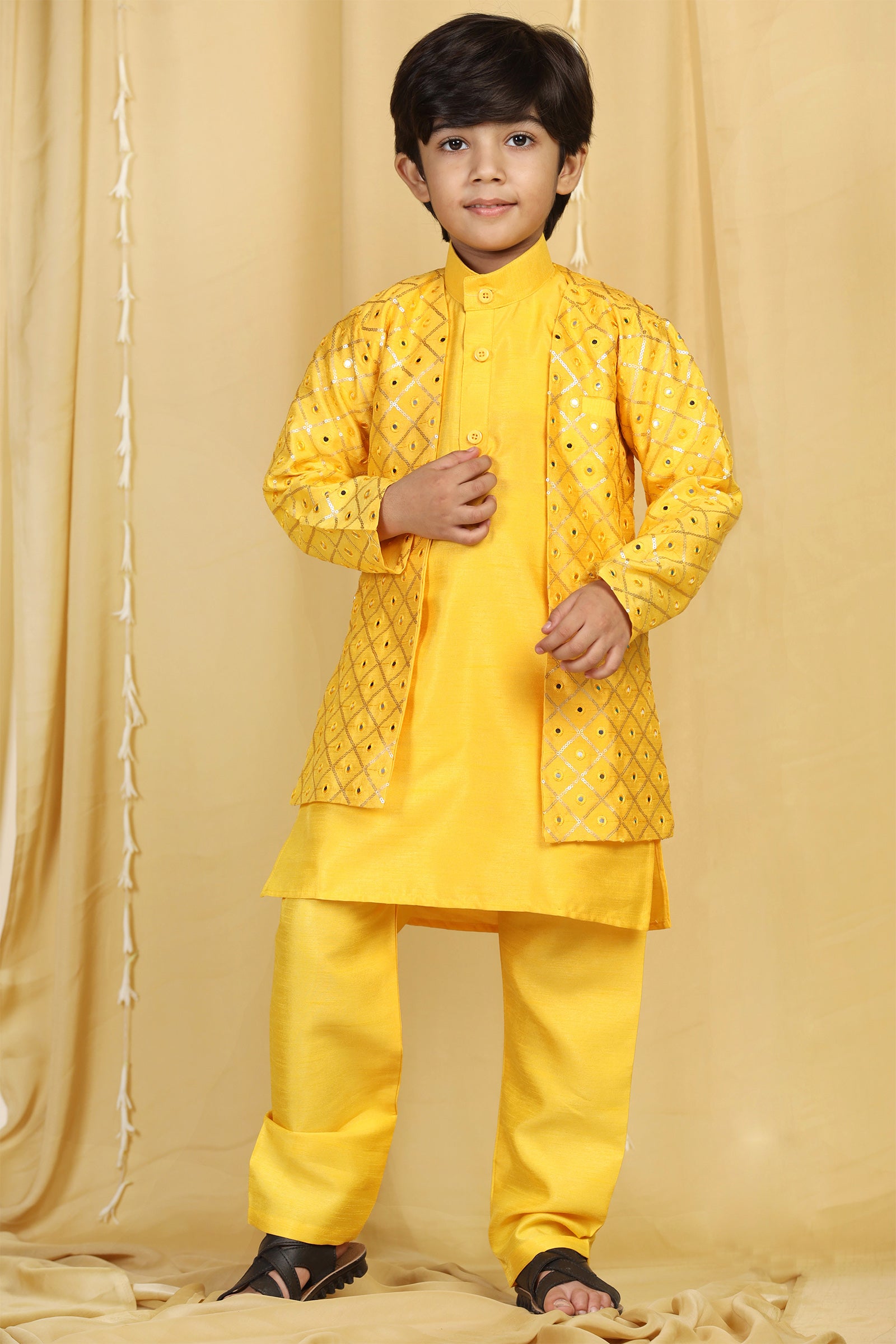 Boys Mustard Solid Silk Sherwani for Kids - AJ Dezines