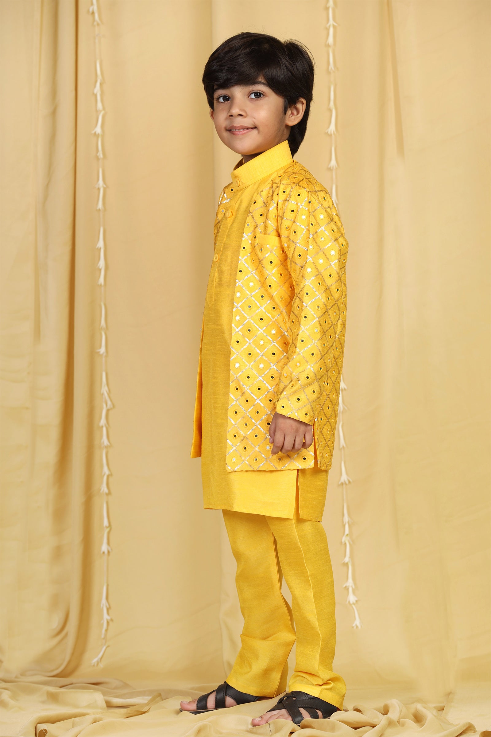Boys Mustard Solid Silk Sherwani for Kids - AJ Dezines