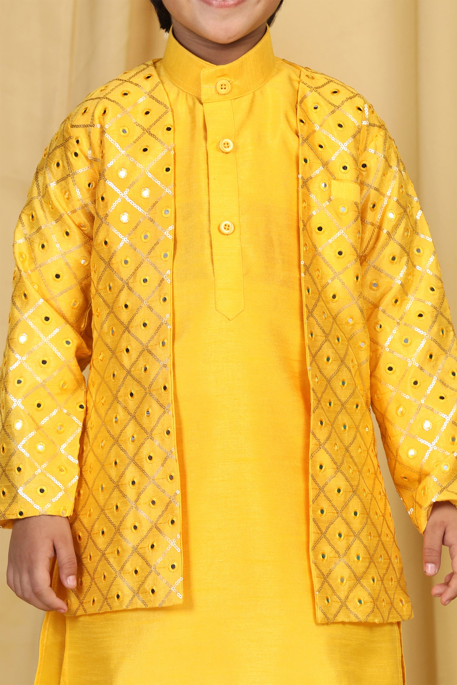 Boys Mustard Solid Silk Sherwani for Kids - AJ Dezines