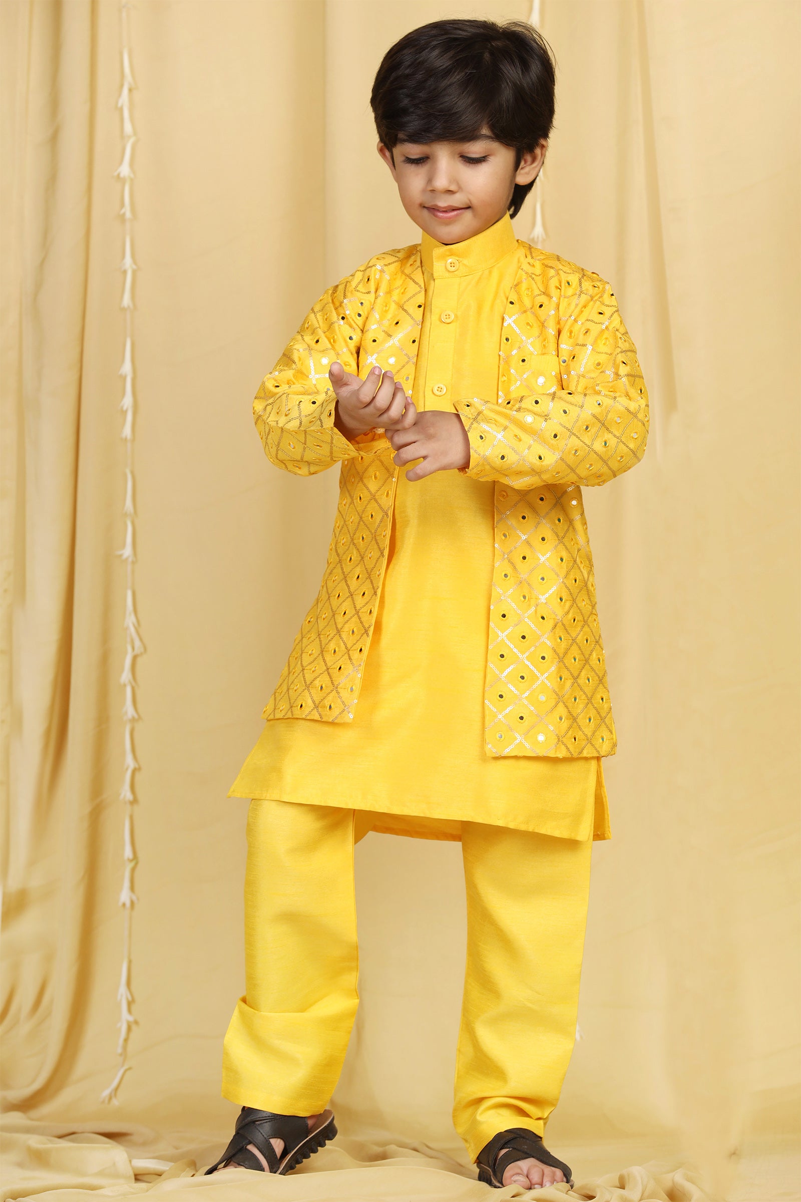 Boys Mustard Solid Silk Sherwani for Kids - AJ Dezines