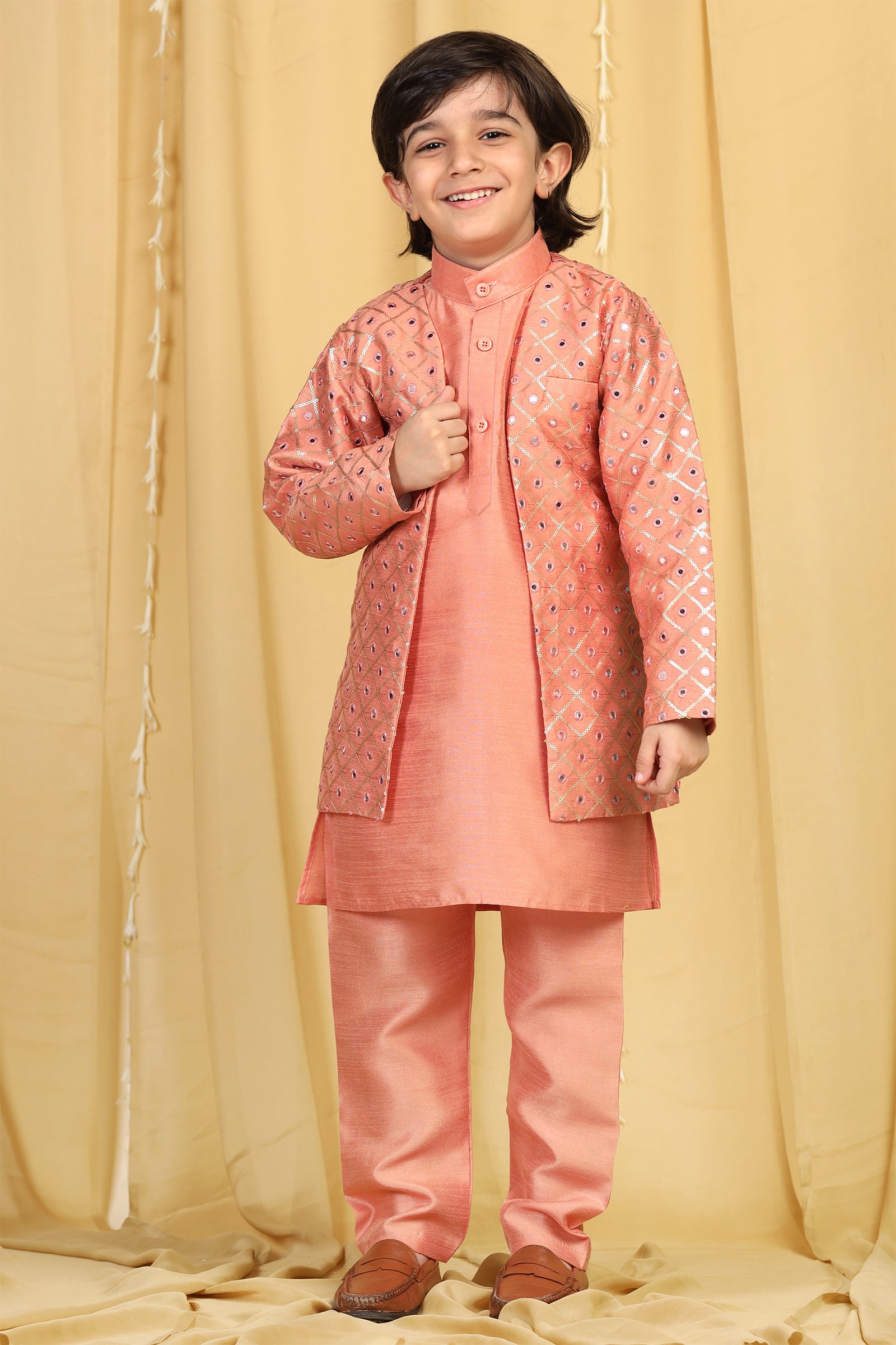 Boys Peach Silk Sherwani for Kids - AJ Dezines