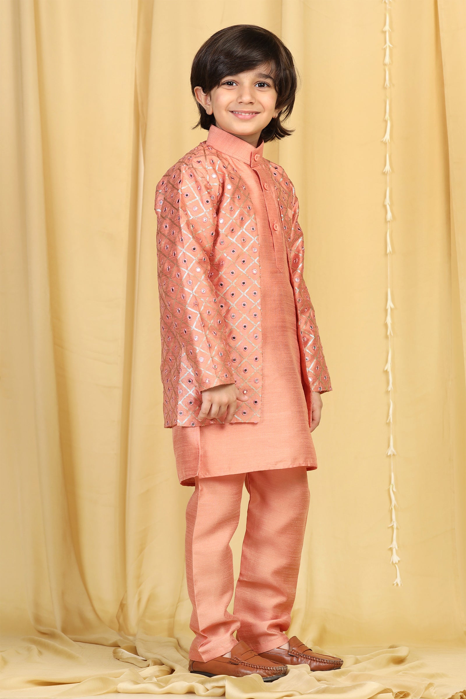 Boys Peach Silk Sherwani for Kids - AJ Dezines