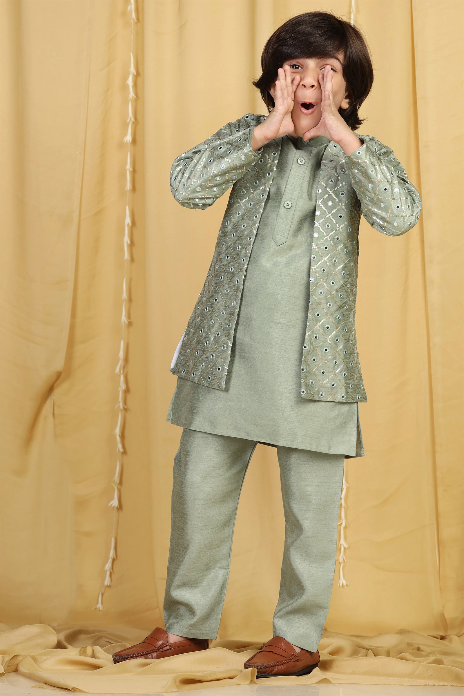 Boys Pista Solid Silk Sherwani for Kids - AJ Dezines