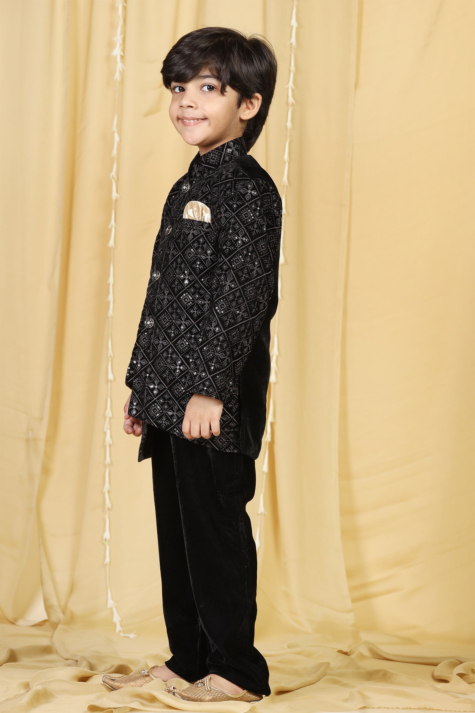 Boys Black Embroidered Velvet Sherwani for Kids - AJ Dezines