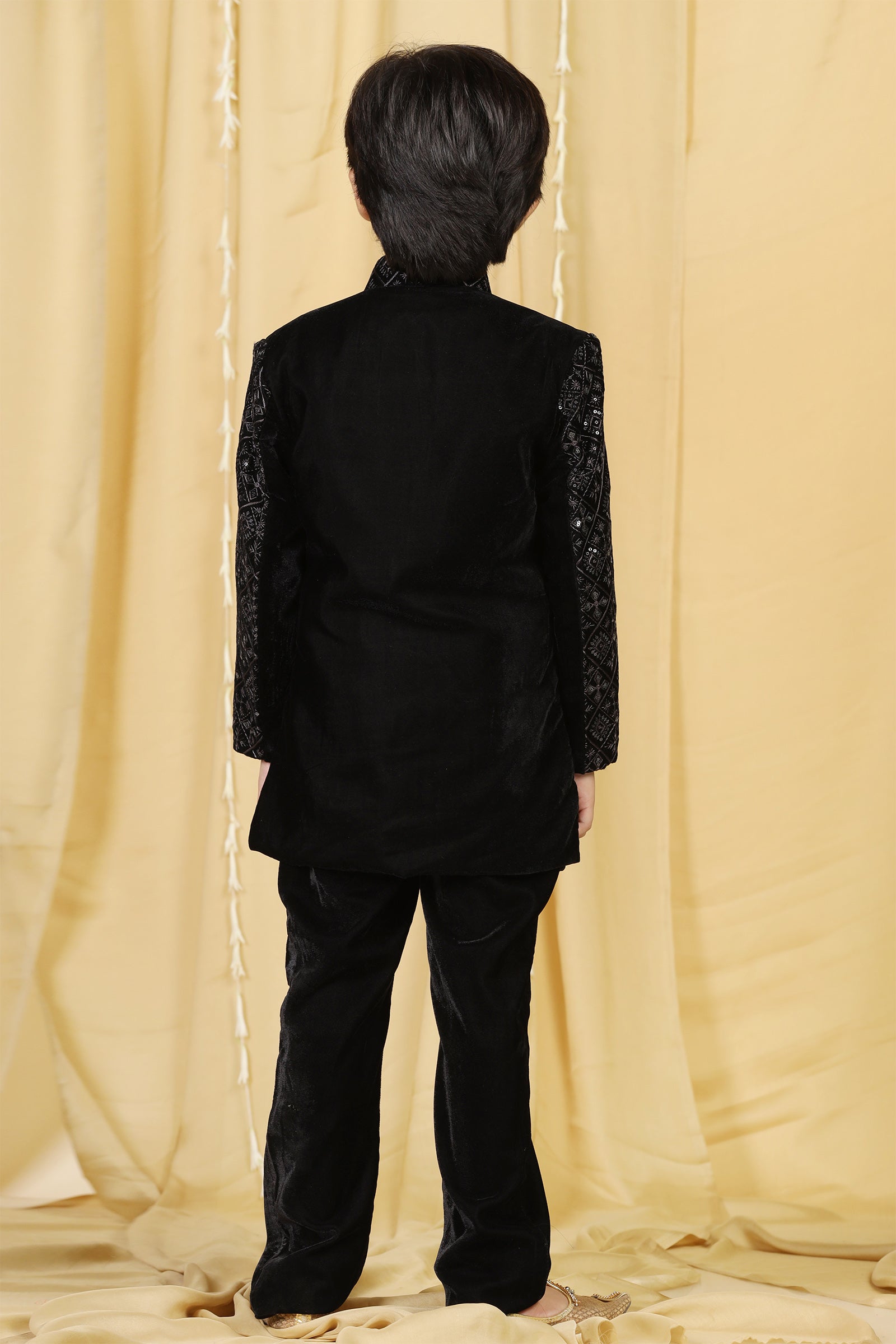 Boys Black Embroidered Velvet Sherwani for Kids - AJ Dezines