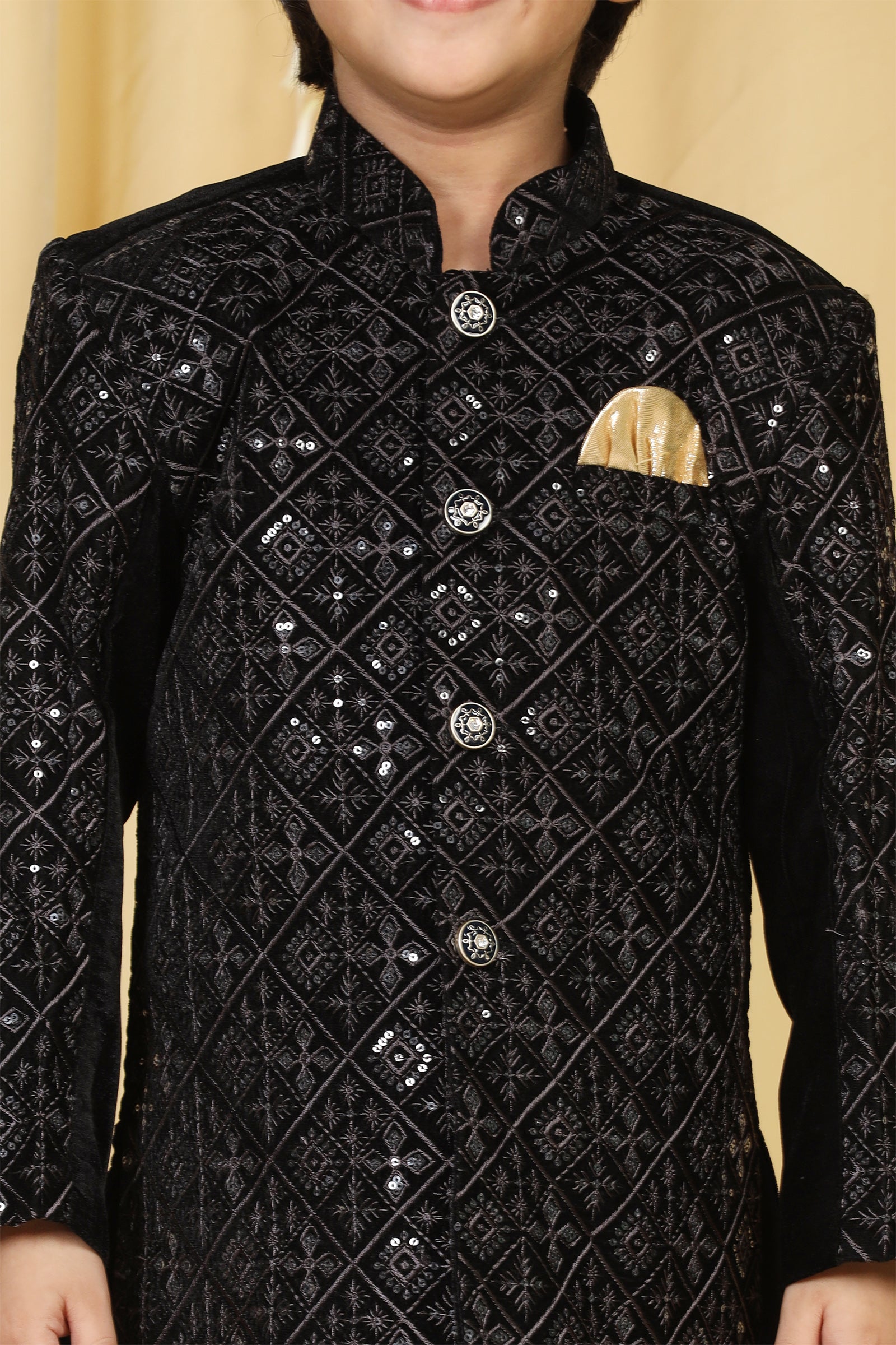 Boys Black Embroidered Velvet Sherwani for Kids - AJ Dezines