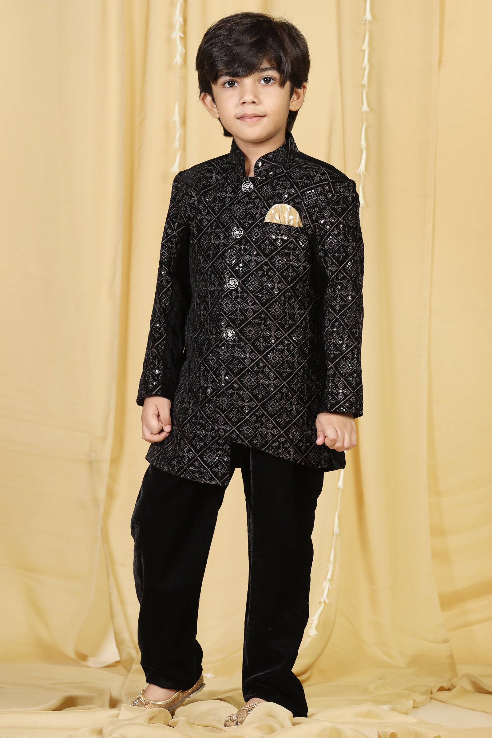 Boys Black Embroidered Velvet Sherwani for Kids - AJ Dezines