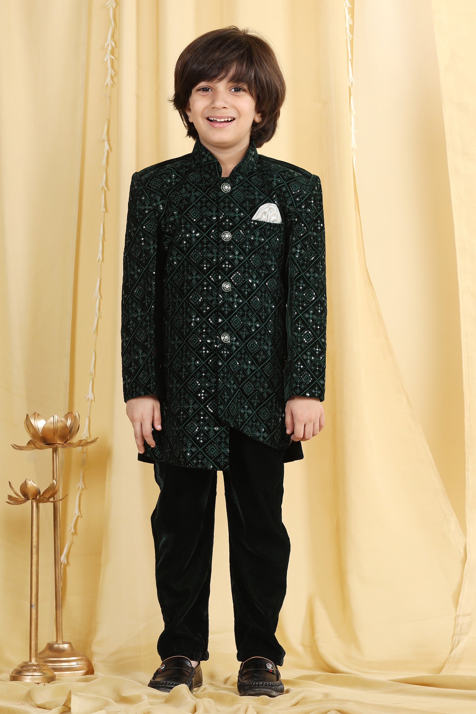 Boys Green Embroidered Velvet Sherwani for Kids - AJ Dezines