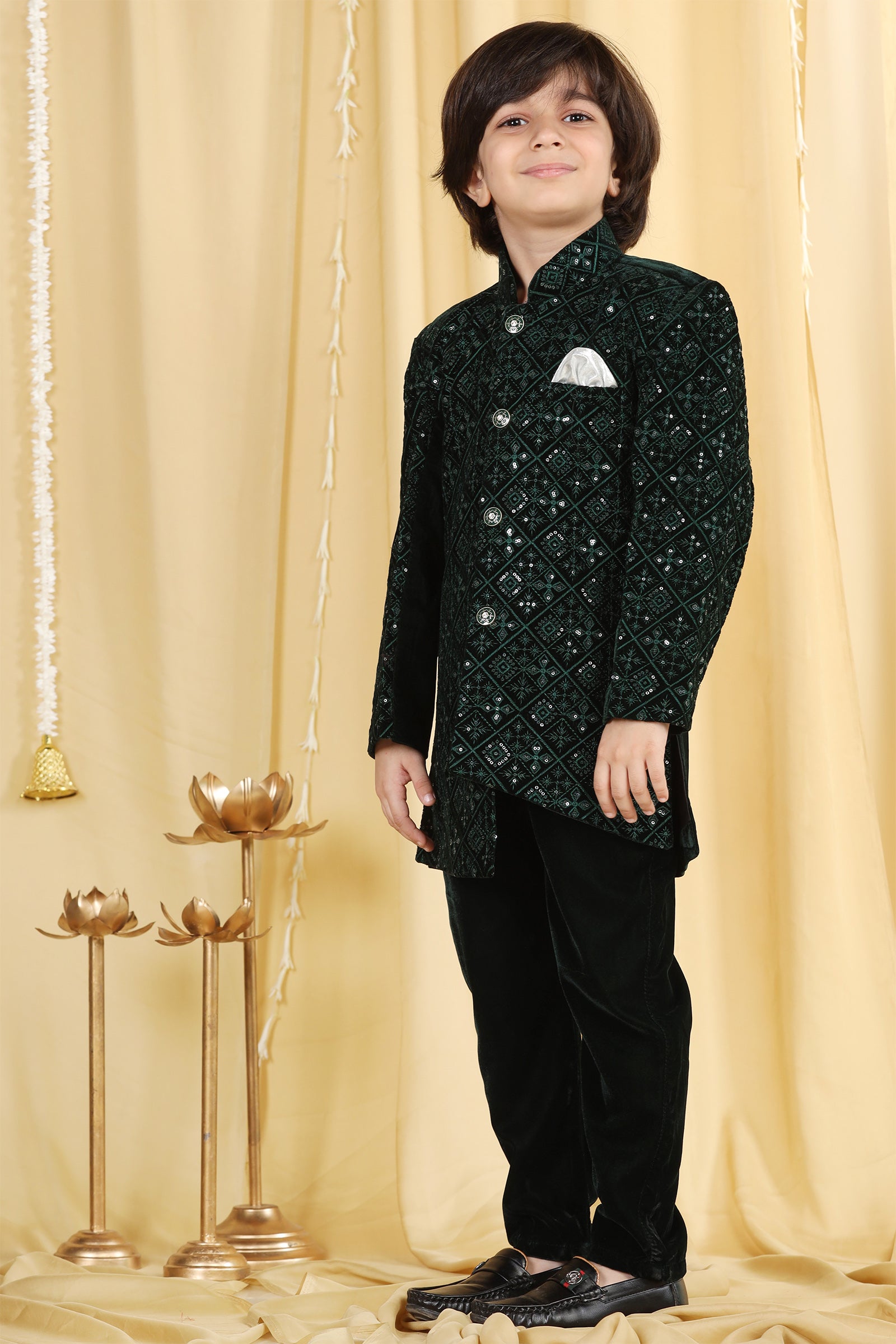 Boys Green Embroidered Velvet Sherwani for Kids - AJ Dezines