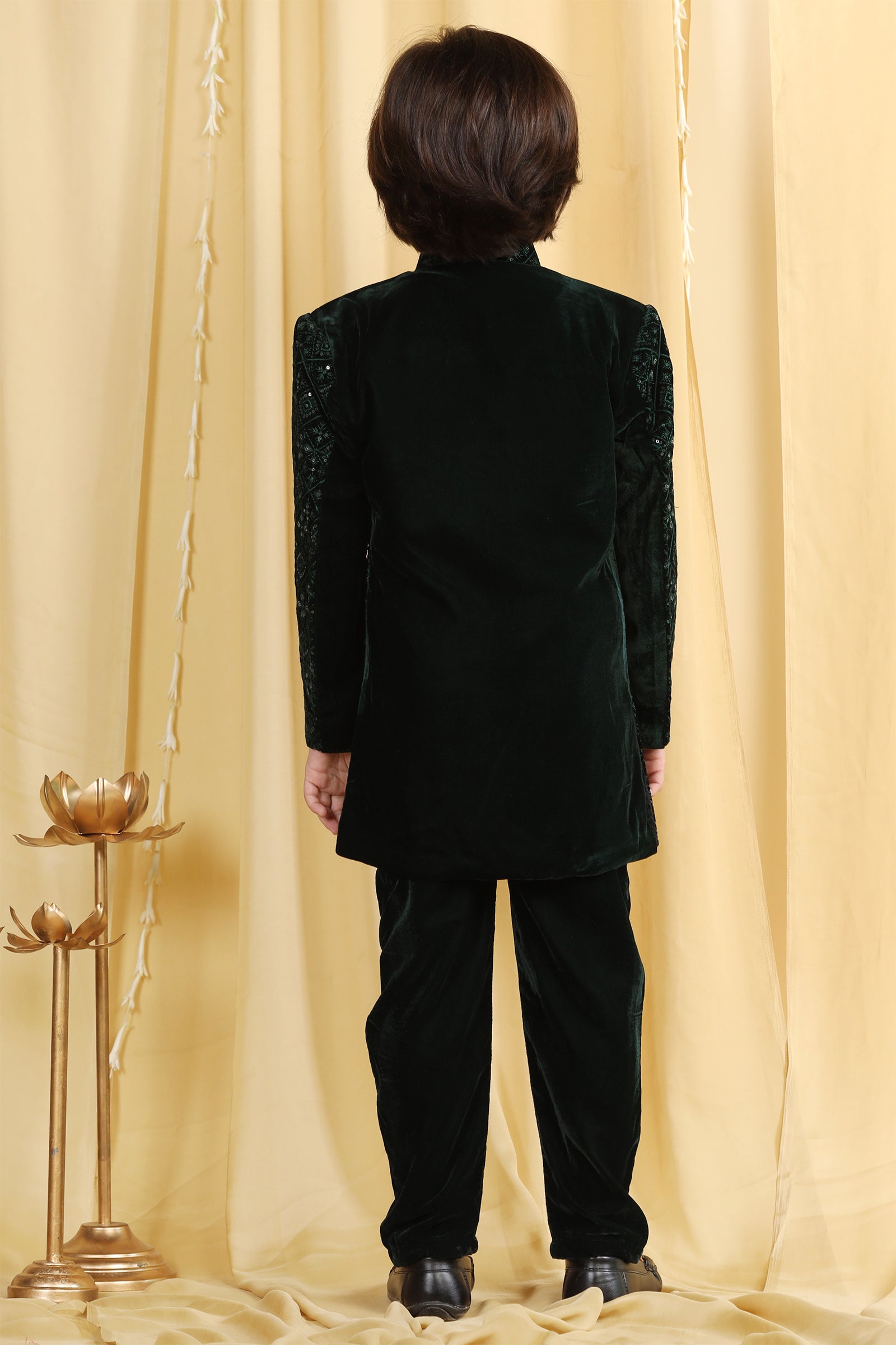 Boys Green Embroidered Velvet Sherwani for Kids - AJ Dezines