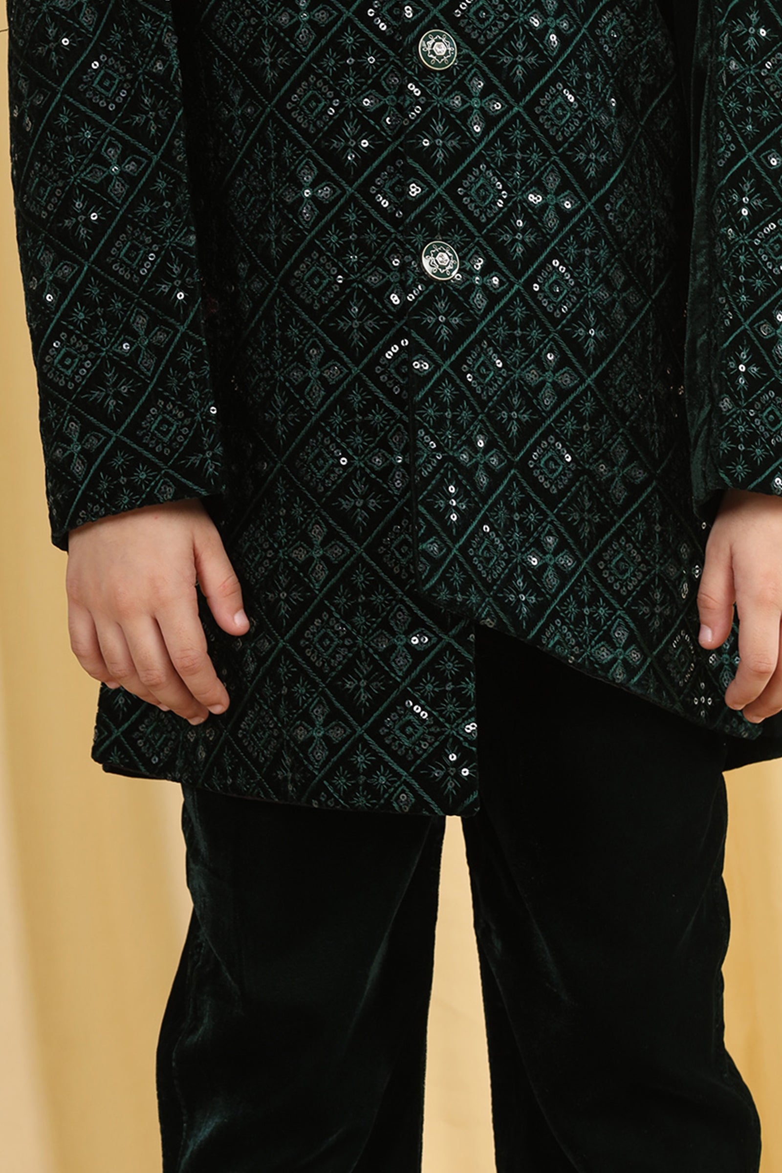 Boys Green Embroidered Velvet Sherwani for Kids - AJ Dezines