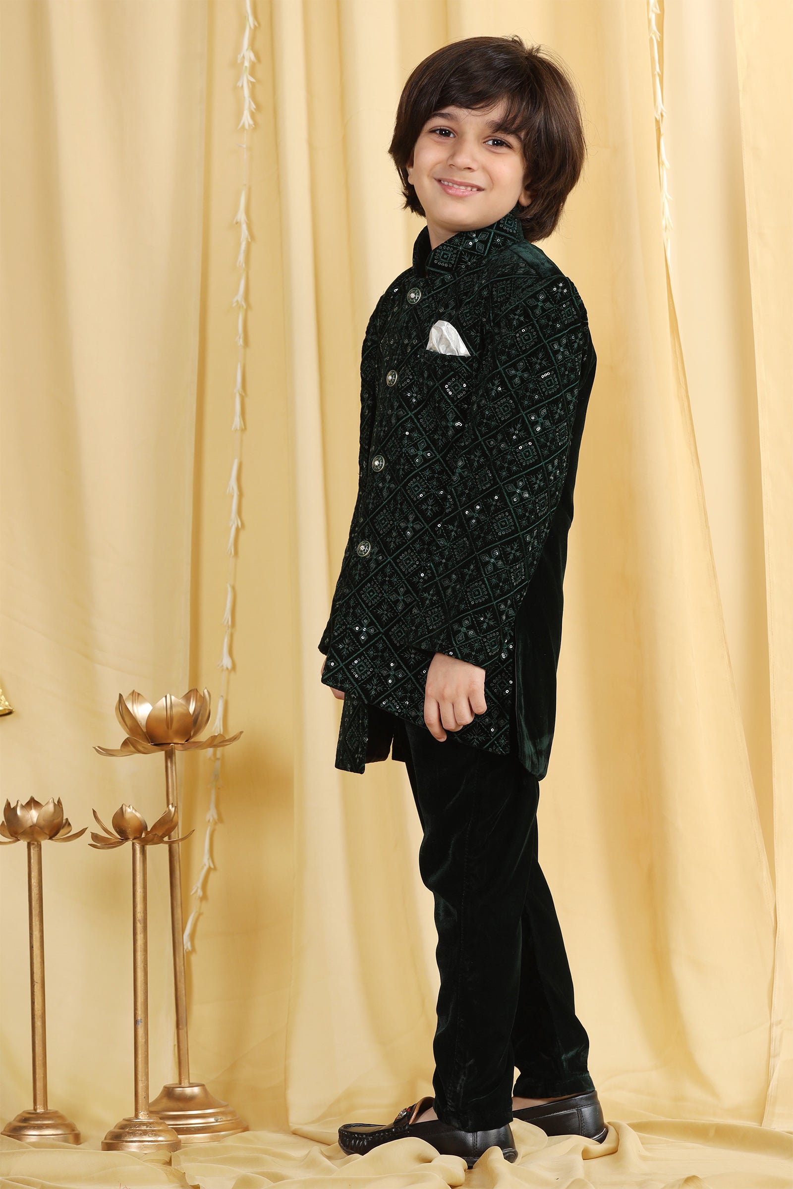 Boys Green Embroidered Velvet Sherwani for Kids - AJ Dezines