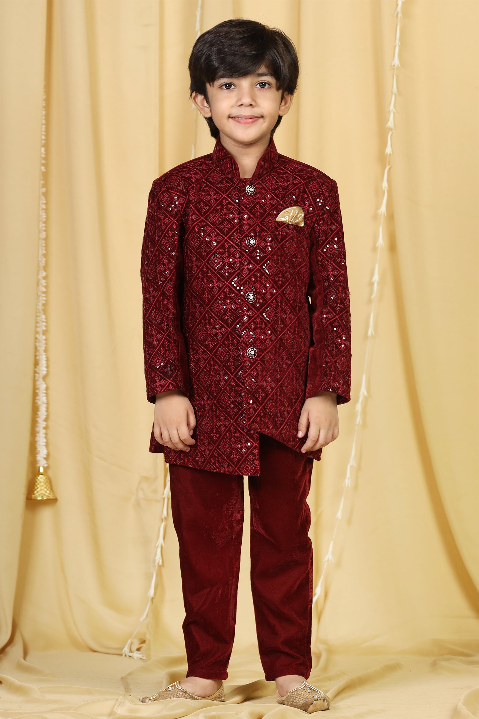 Boys Maroon Embroidered Velvet Sherwani for Kids - AJ Dezines