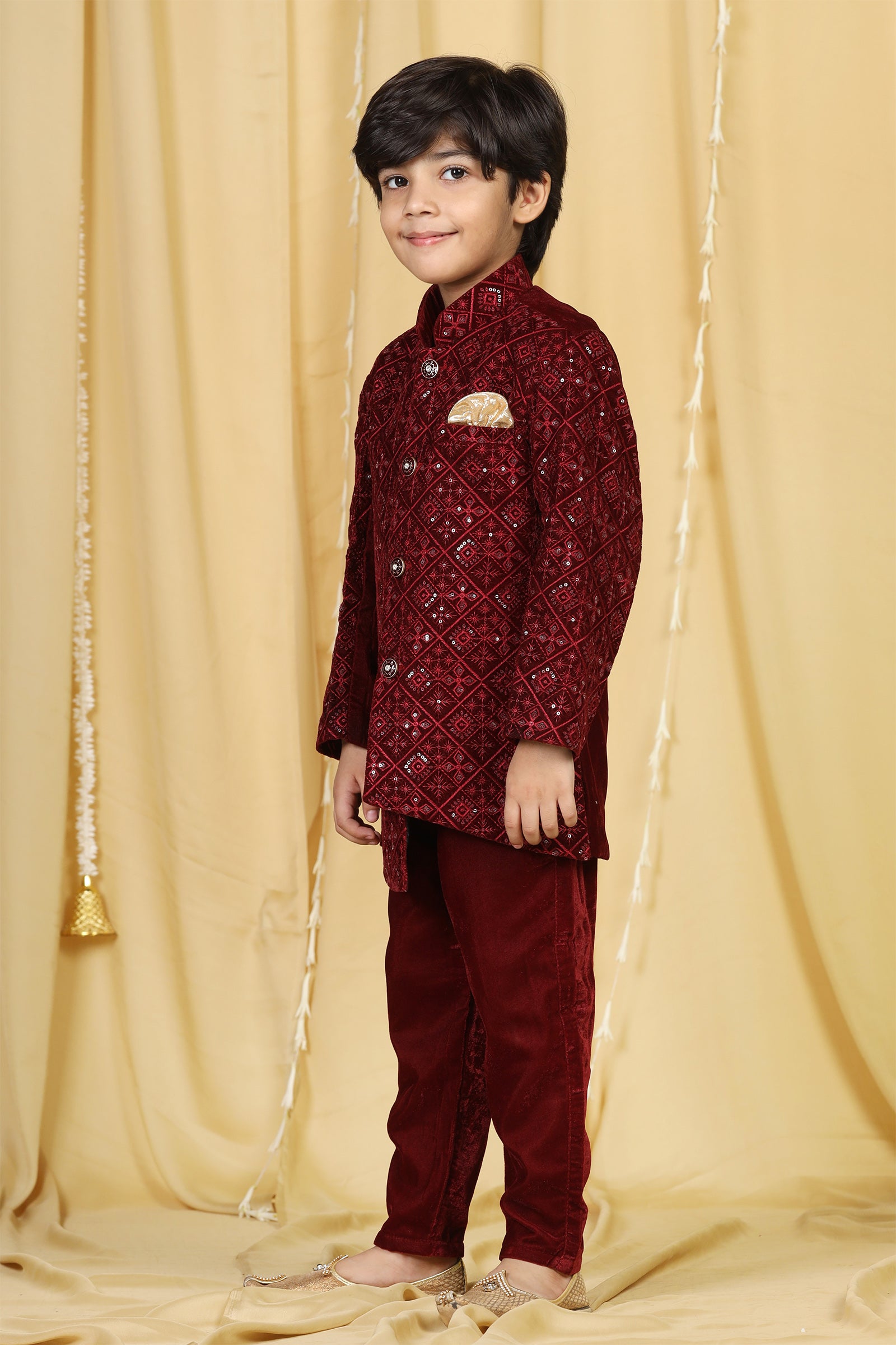 Boys Maroon Embroidered Velvet Sherwani for Kids - AJ Dezines