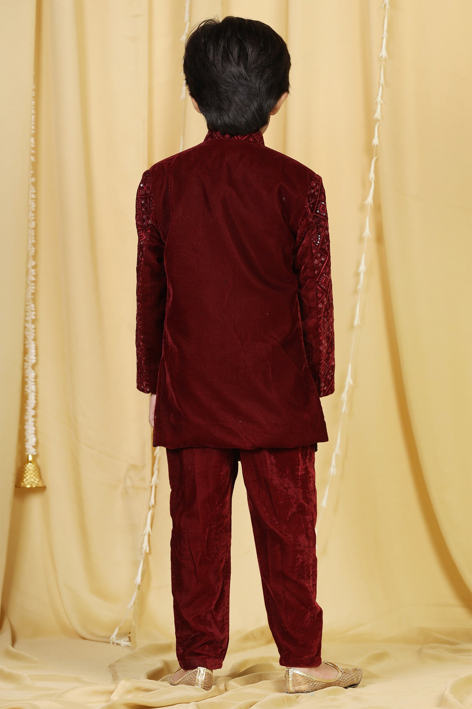 Boys Maroon Embroidered Velvet Sherwani for Kids - AJ Dezines